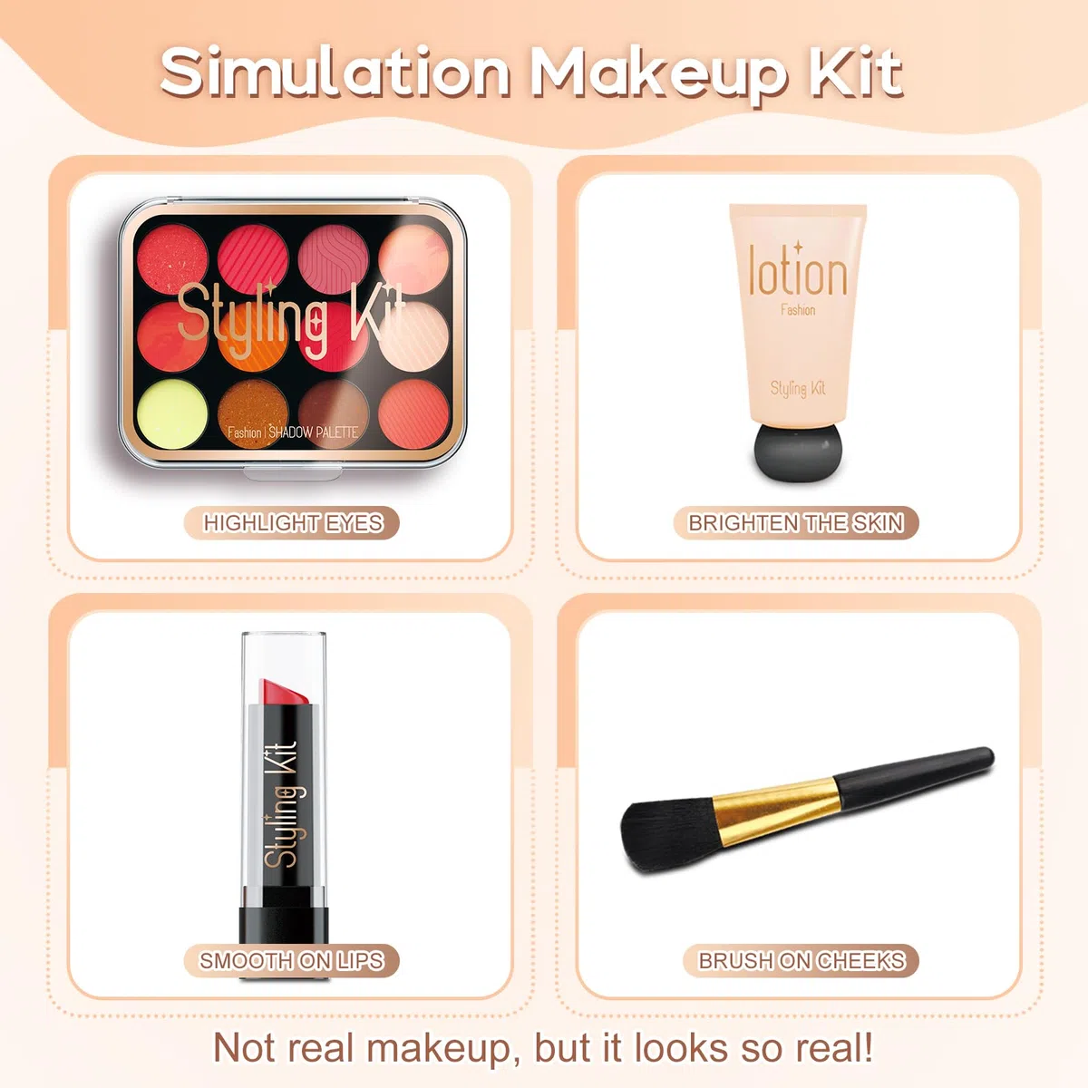 Kit Trucco Finto per Bambine | Set Cosmetici Sicuri Non Tossici con Rossetto, Specchietto e Pennelli - Ideale per Bambine dai 3+ Anni (Nero)