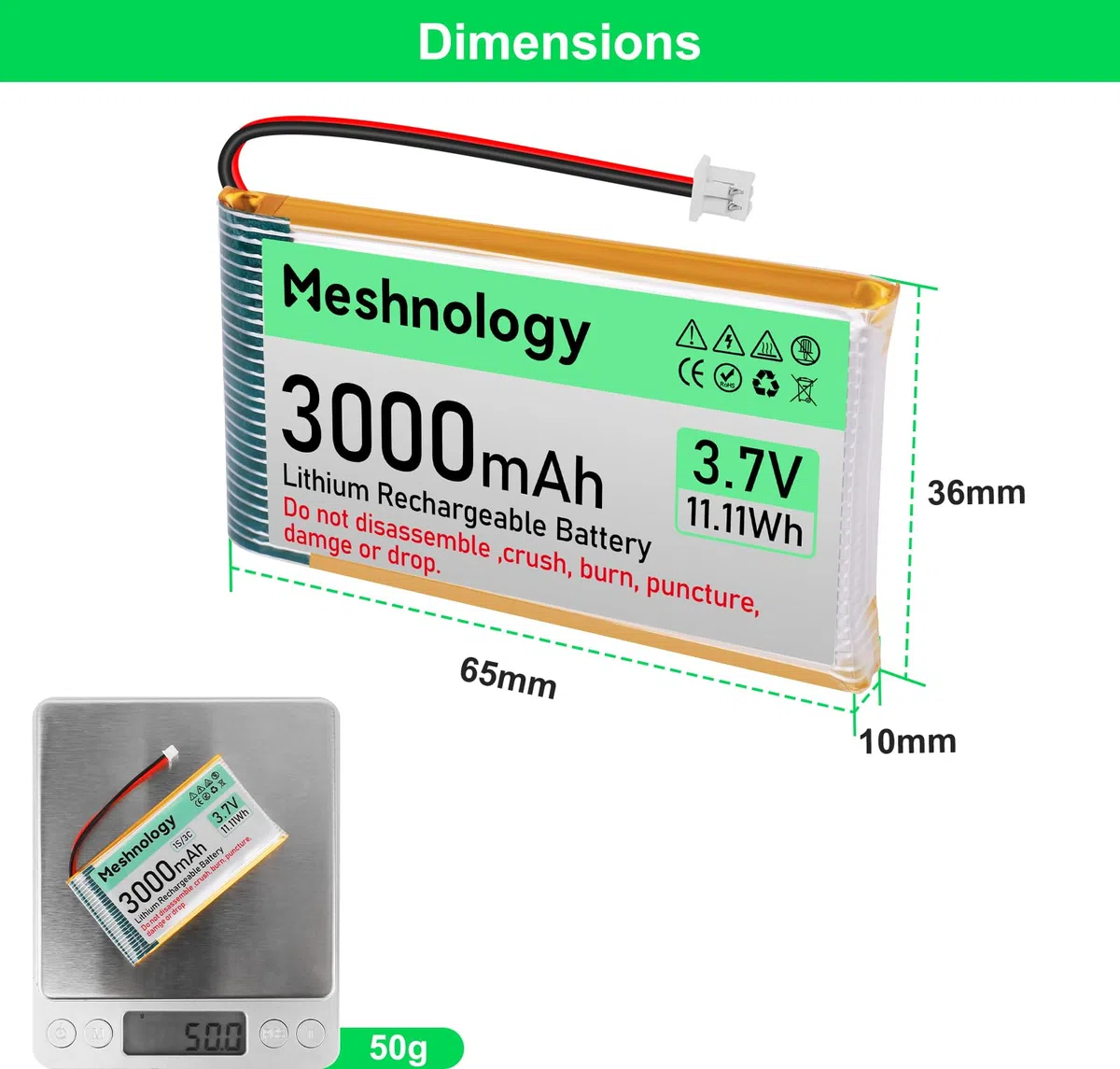 Batteria Li da 3,7 V 3000 mAh con cavo di ricarica USB 103665 1S batteria LiPo con bordo di protezione nastro in gomma isolato e spina micro JST 1.25 per Arduino ESP32 scheda modulo Drone