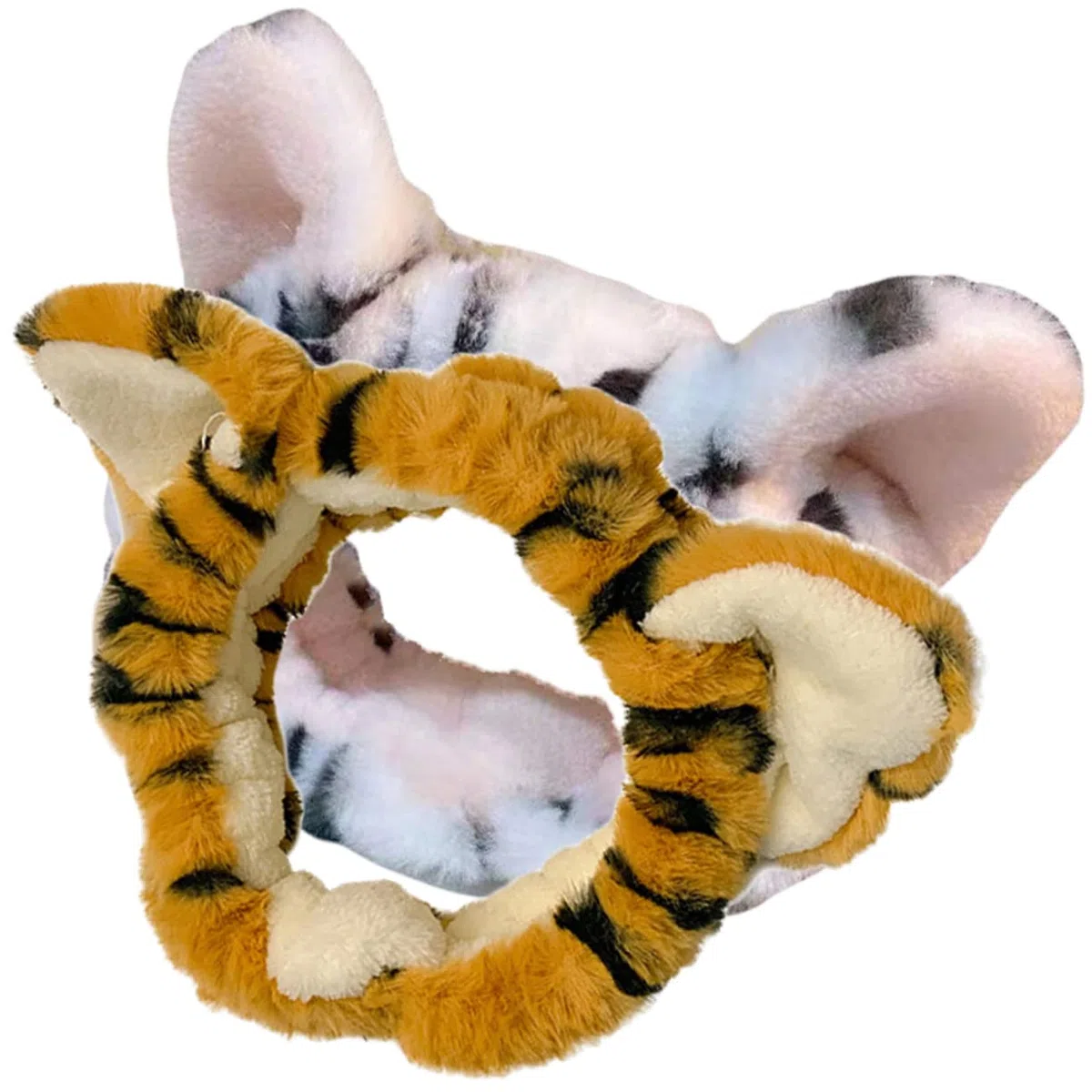 Healeved Fascia per Chioma da Donna in Peluche Orecchie di Tigre 2 Pezzi, Elastica e Larga, per Lavarsi Viso e Feste Cosplay