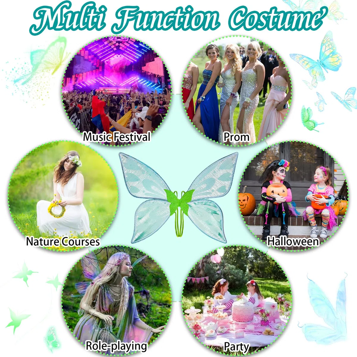 Vibbang Ali Fata Bambina, Ali di Fata Donna Principessa, Ali di Fata a Farfalla Glitter Costume Farfalla, per Compleanno Carnevale Natale Halloween, Costume di Angelo per Ragazze (Verde)