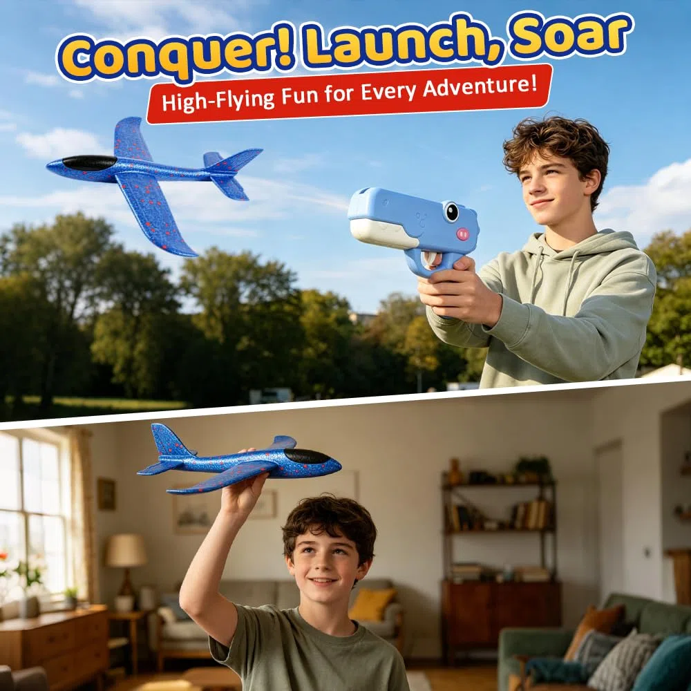 2 Pezzi Aereo Polistirolo per Bambini, Aeroplano Giocattolo, Alianti in Polistirolo con Pistola Catapulta, Dinosauro Generico, Giochi all'Aperto Ragazzo Ragazza 3 4 5 6 7 8 9 Anni