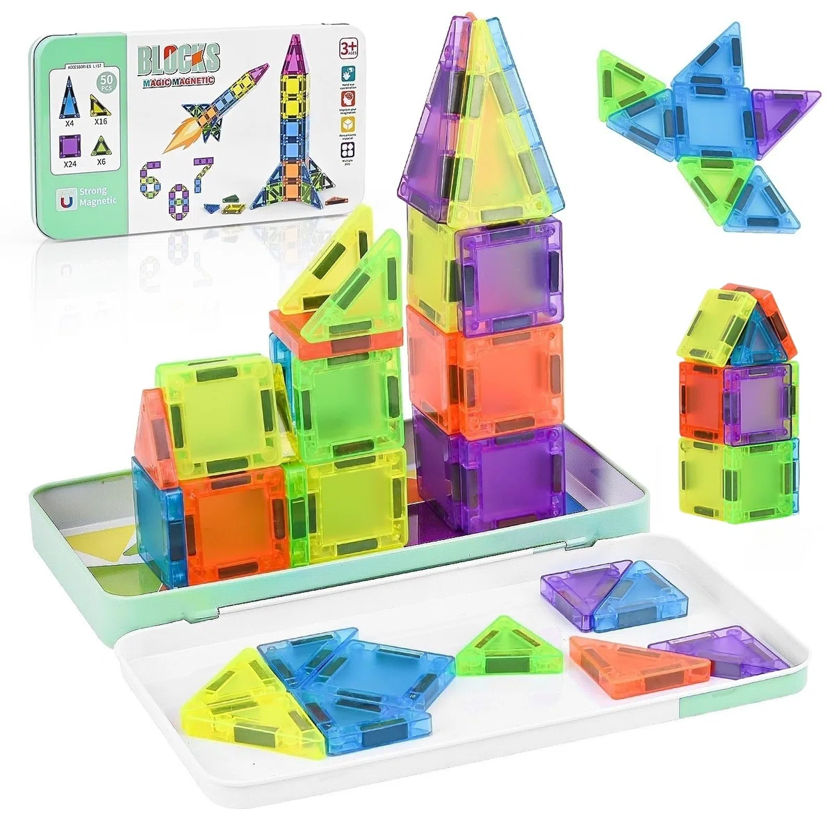 50 Pezzi Mini Costruzioni Magnetiche da Viaggio, Mini Piastrelle Magnetiche Bambini da Viaggio, Blocchi Magnetici per Bambini 3+ Anni, Giochi da Viaggio Regalo per Bambini 3+ Anni