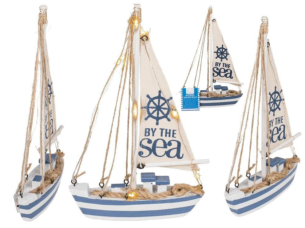 Out of the blue Barca a vela in legno con 7 LED, ca. 25 x 16 x 4 cm, batterie incluse
