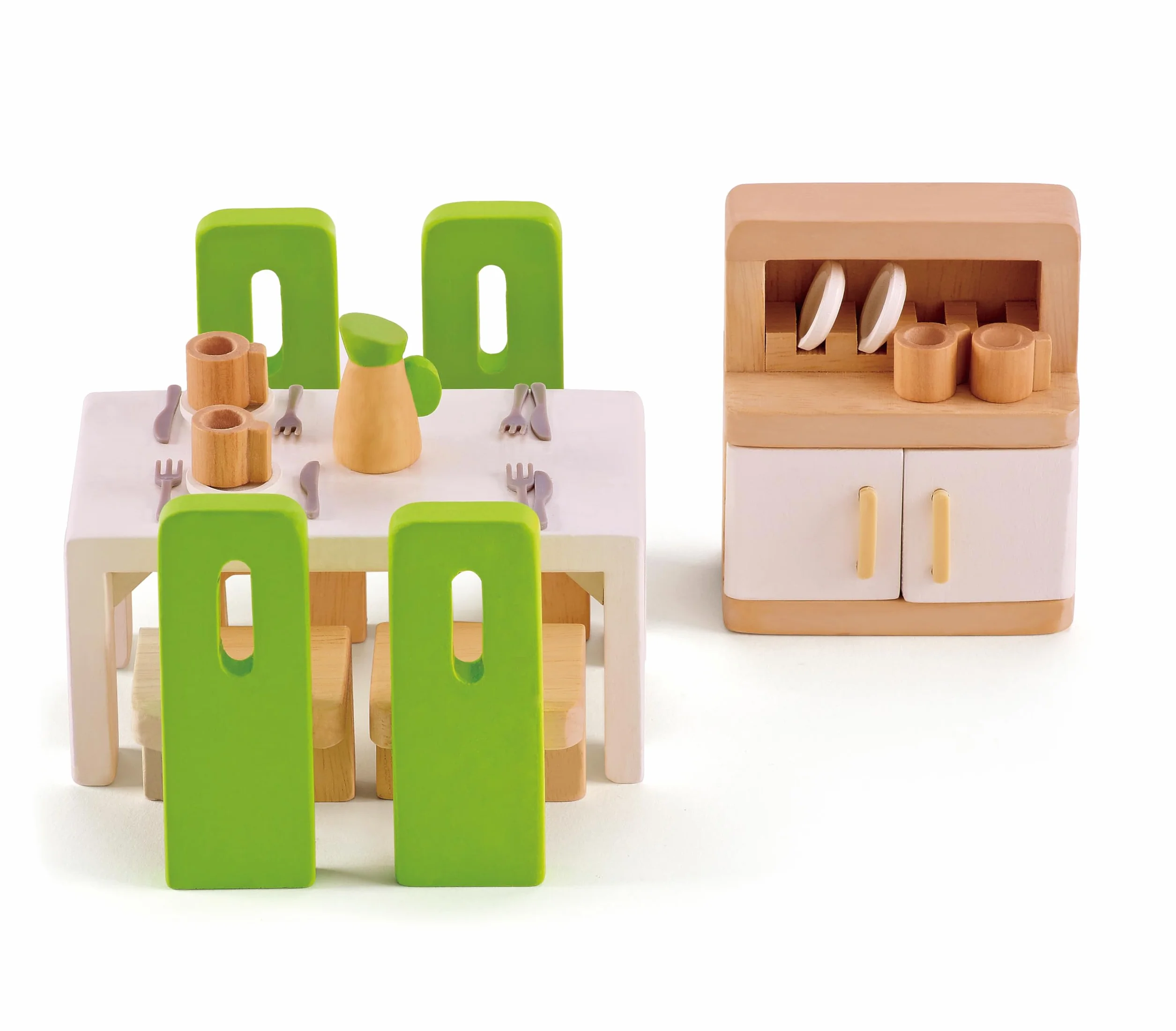 Hape Sala da Pranzo per la casa delle bambole | Mobili in legno in miniatura con piatti e posate | Per gioco di ruolo dai 3 anni