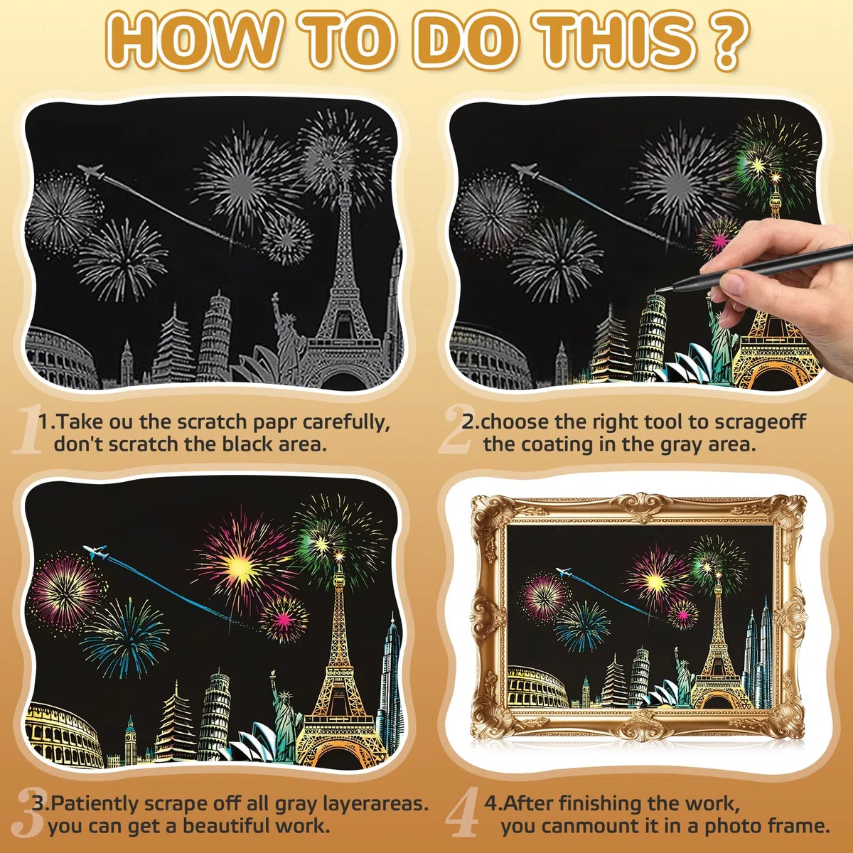 KOUHA Scratch Paper Scratch Art Paper 12 PCS Carta da Grattare Urbana Set di Carta e Penna Fogli da Grattare Vista Notturna Fogli Neri da Grattare Kit per Disegno Bambini Adulti