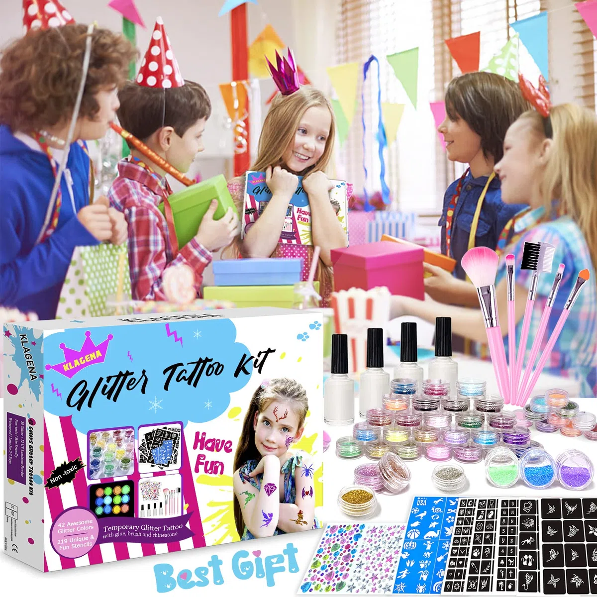 Set di tatuaggi glitterati per bambini, 42 colori (glitter, 12 fluorescenti, lucidi di notte), 219 stencil, 213 strass, 5 pennelli, 4 adesivi (fácil da lavare, non irrita la pelle)
