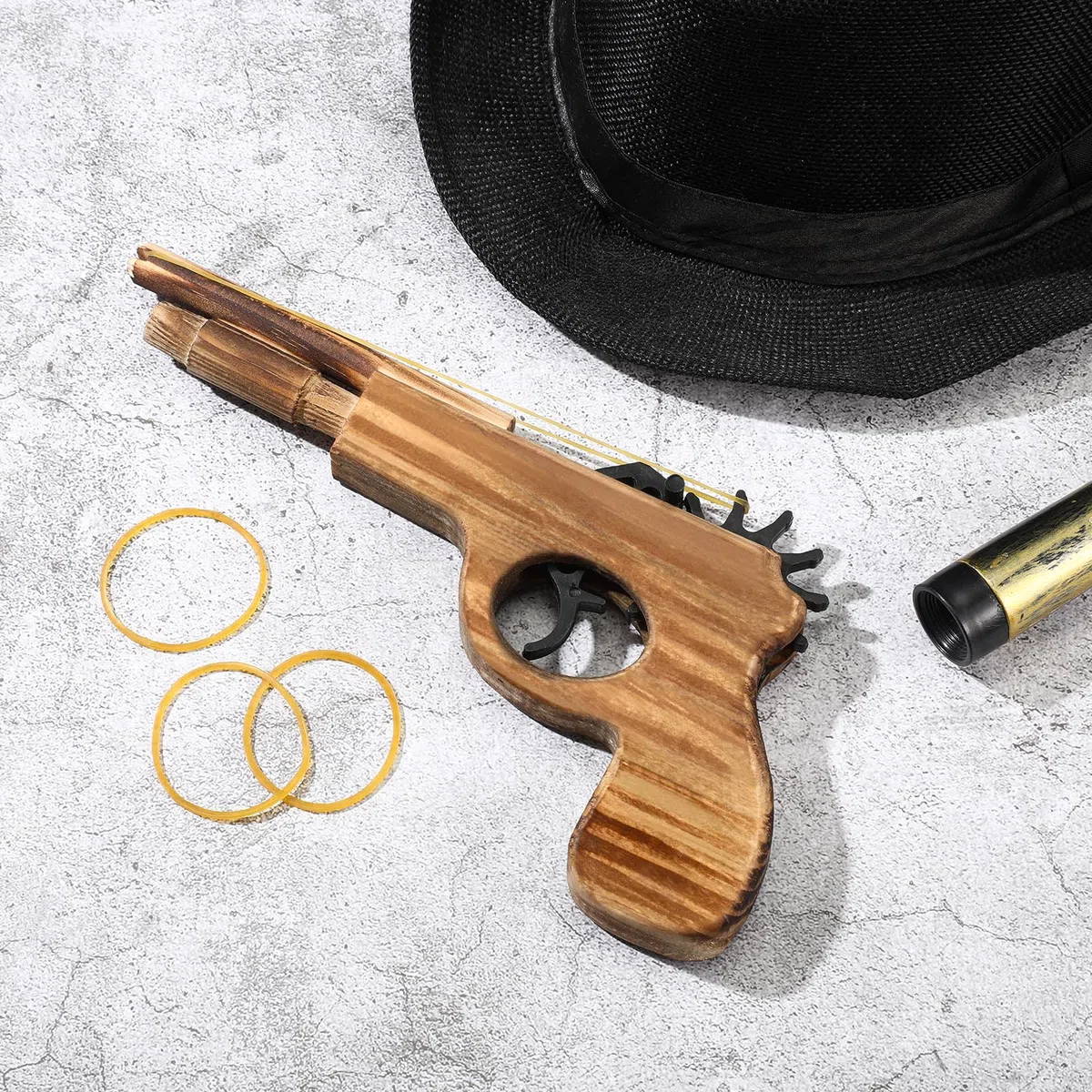 Zomiboo Pistola ad Elastico in Legno con Elastici Morbidi ed Elastici Giocattolo Pistola Ad Elastico Fatto a Mano Pistola Spara-Elastico Finta Pistola Ad Elastico Fucile Giocattolo