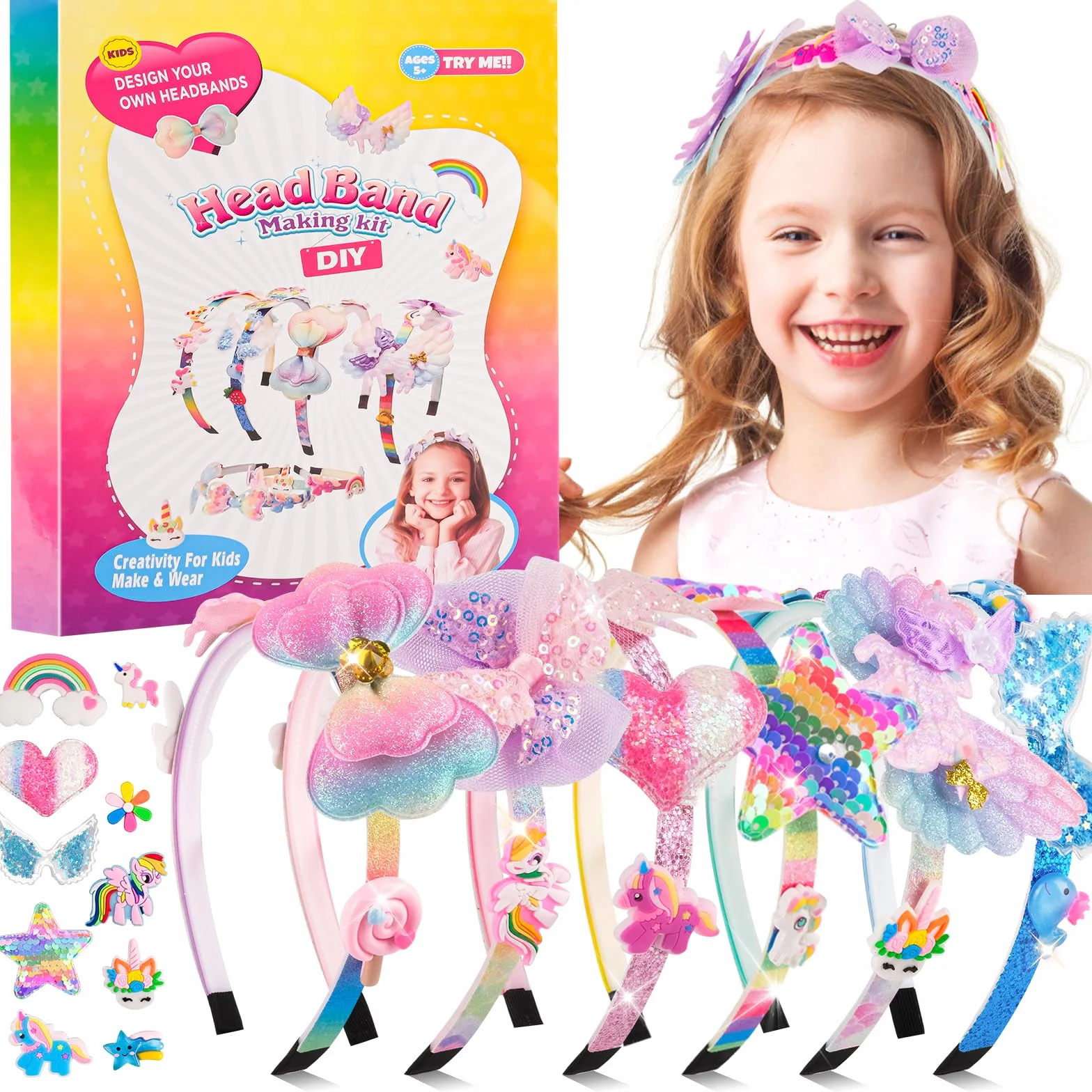 WuGU Kit per La Creazione di Cerchietti per Capelli, 49 Pezzi Set di Accessori per Capelli fai da te, Regalo per Ragazze di 5 6 7 8 9 10 Anni, Regali di Compleanno e Natale per Bambina