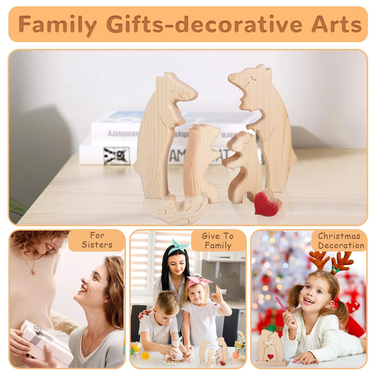 Orsi Puzzle Per Famiglie In Legn,Puzzle Personalizzato con Famiglia di Orsi in Legno,Statua Decorativa In Legno Della Famiglia Di Orsi, Decorazione Domestica per Soggiorno (4PCS)