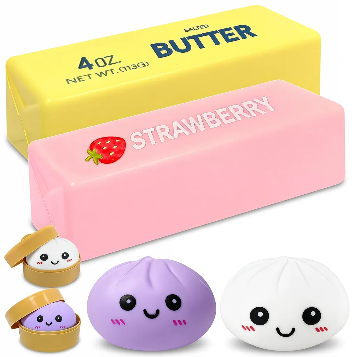 4 Pezzi Dumpling Squishy + Butter Squishy Set, Giocattolo Sensoriale con Contenitore per Il Vapore, Giocattolo Antistress per Alleviare adatto Bambini, Adulti, Ufficio, Casa