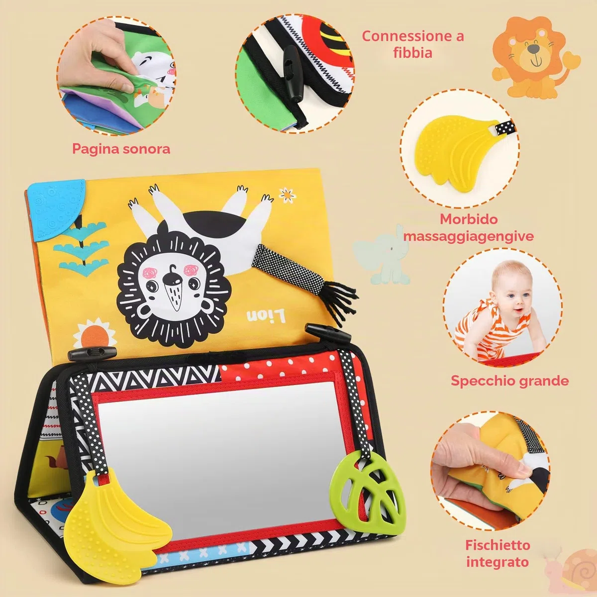 LEADSTAR Specchio Giochi Montessori Neonati 0 3 6 12 Mesi, con Libri Sensoriale Stoffa Bianco e Nero, Tummy Time per Bambini Giochi Massaggiagengive Giocattoli Educativi Interattivo Regali