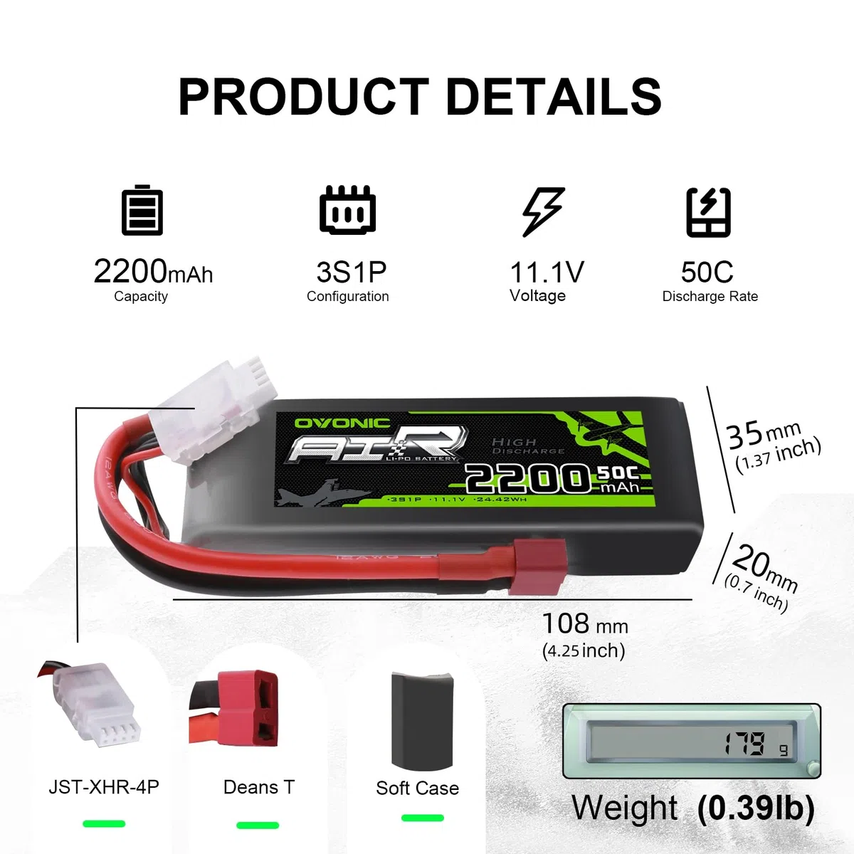 OVONIC Batteria Lipo 3s 11.1V 50C 2200mAh Lipo con Deans Plug per RC Auto Barca Camion Heli Aereo Quadcopter Elicottero Multi-Motore Hobby FAI DA TE