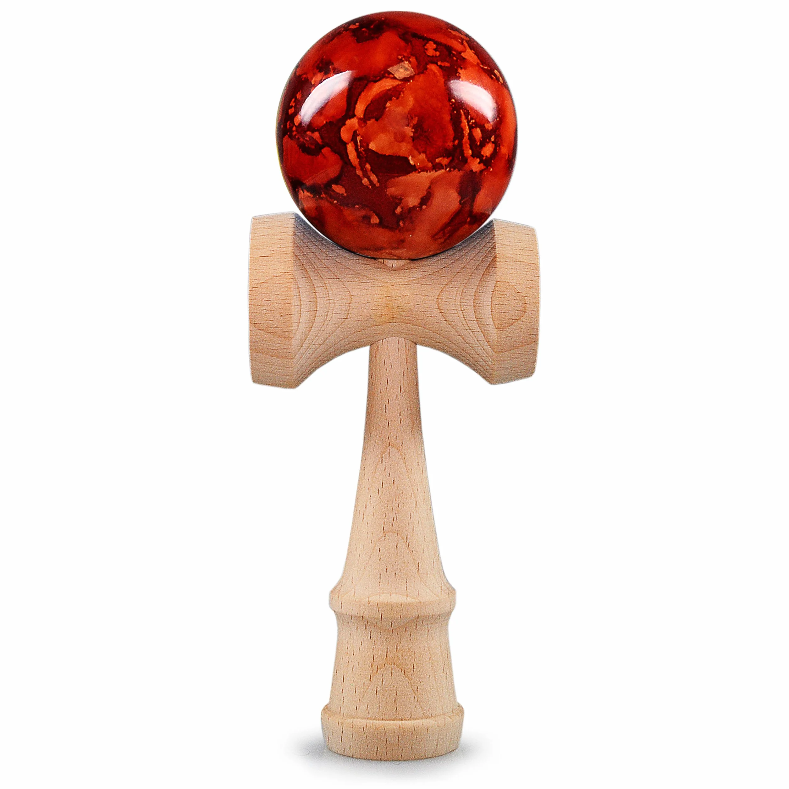 Ganzoo Kendama gioco di abilità giapponese in vero faggio, modello Red Flash rosso, palla con corda robusta, coppette grande e piccola, base e punta per allenare prese e movimenti controllati, 1 pezzo