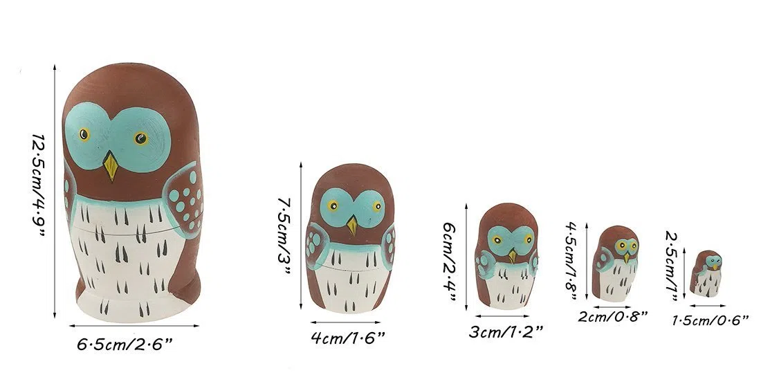 Set di 5 adorabili bambole a forma di gufo, giocattolo impilabile in legno, fatto a mano, per bambini, novità per feste a forma di animale e regali ornamentali