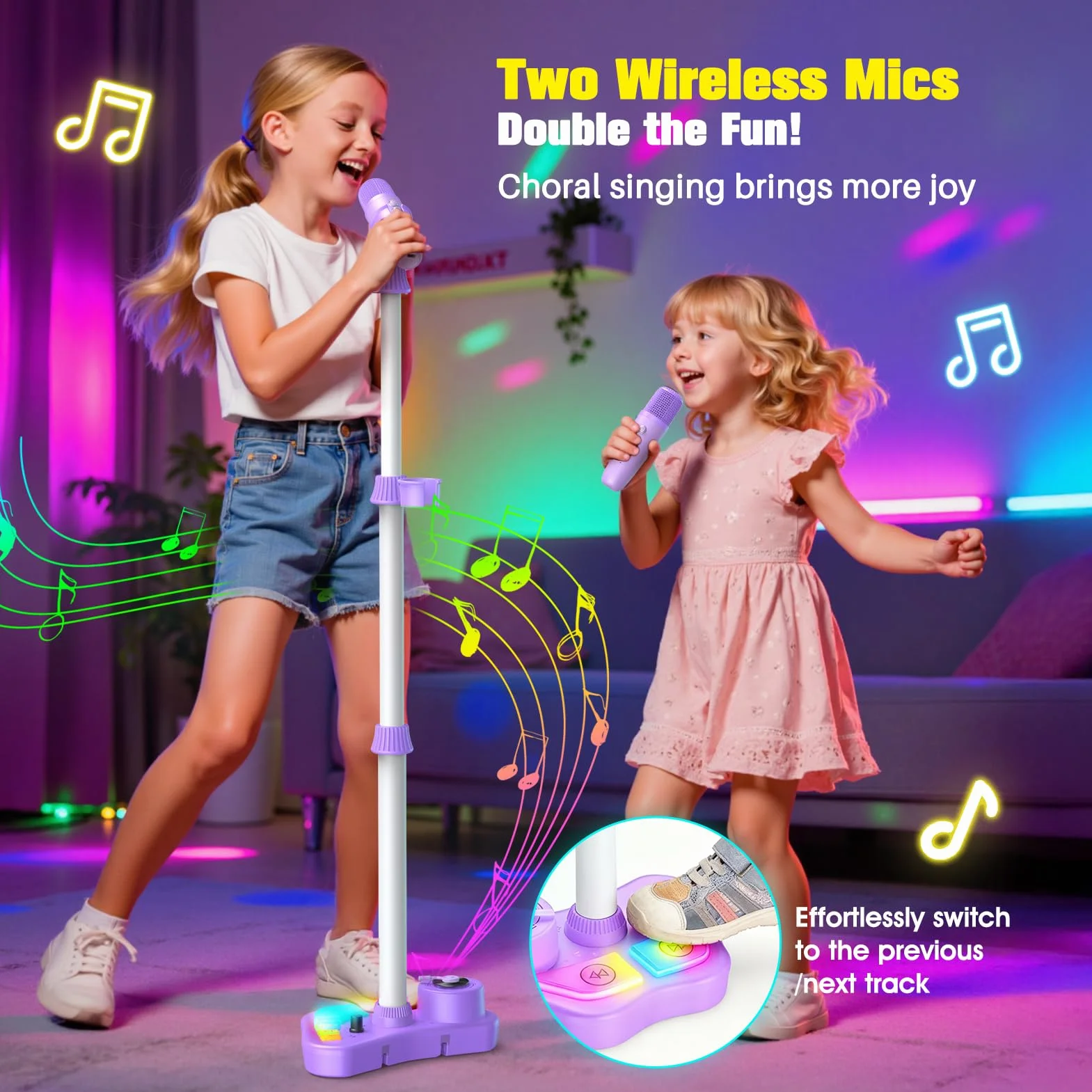 Microfono Karaoke per Bambini con Supporto, 2 Microfoni Wireless, Luci Colorate, Bluetooth, USB, AUX, TF Card, Altezza Regolabile 47-108 cm