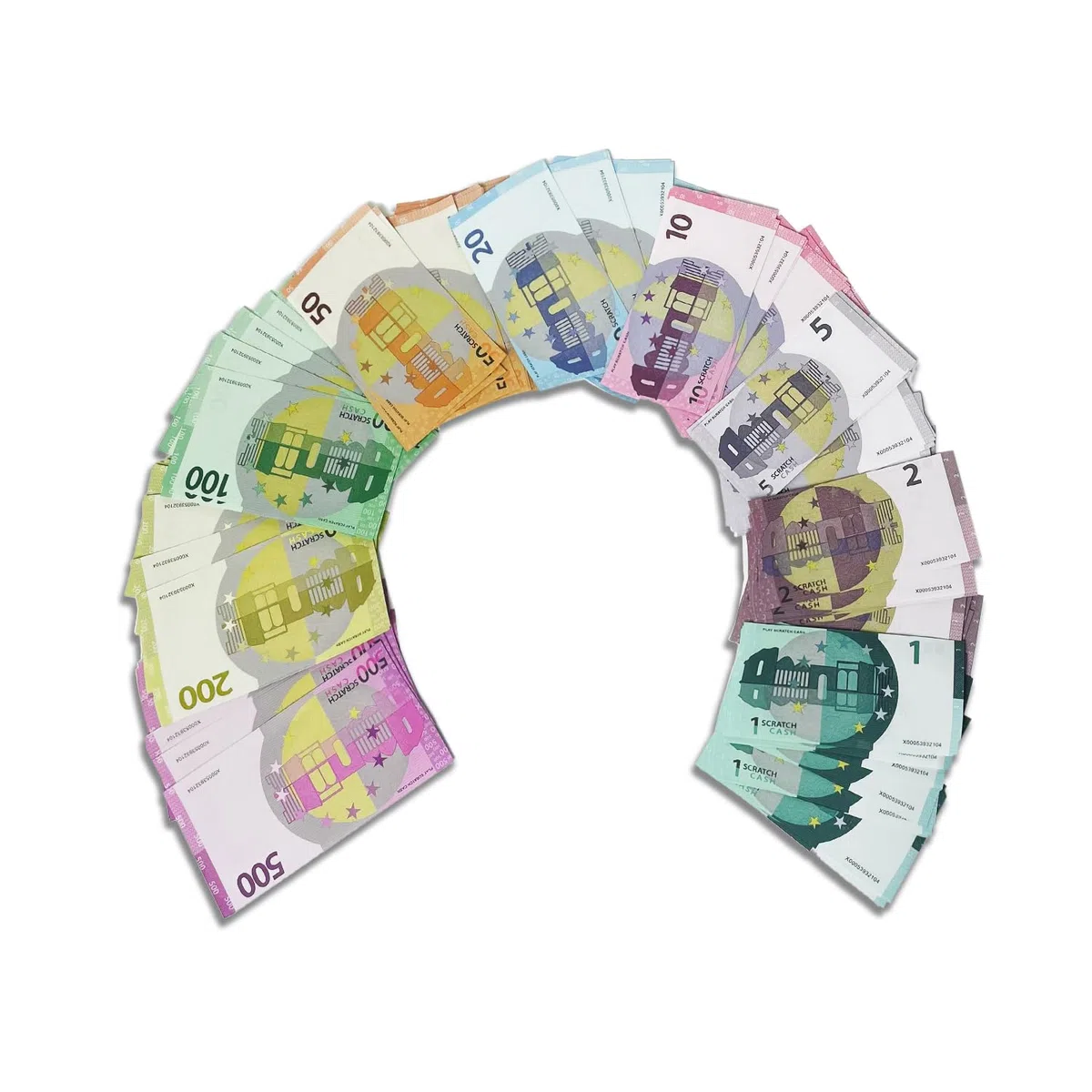 Scratch Cash Mini Bundle Plus 225 Banconote Finte 25 x 1, 2, 5, 10, 20, 50, 100, 200, 500 Euro, Fac-Simile Euro, Dimensioni Reali
