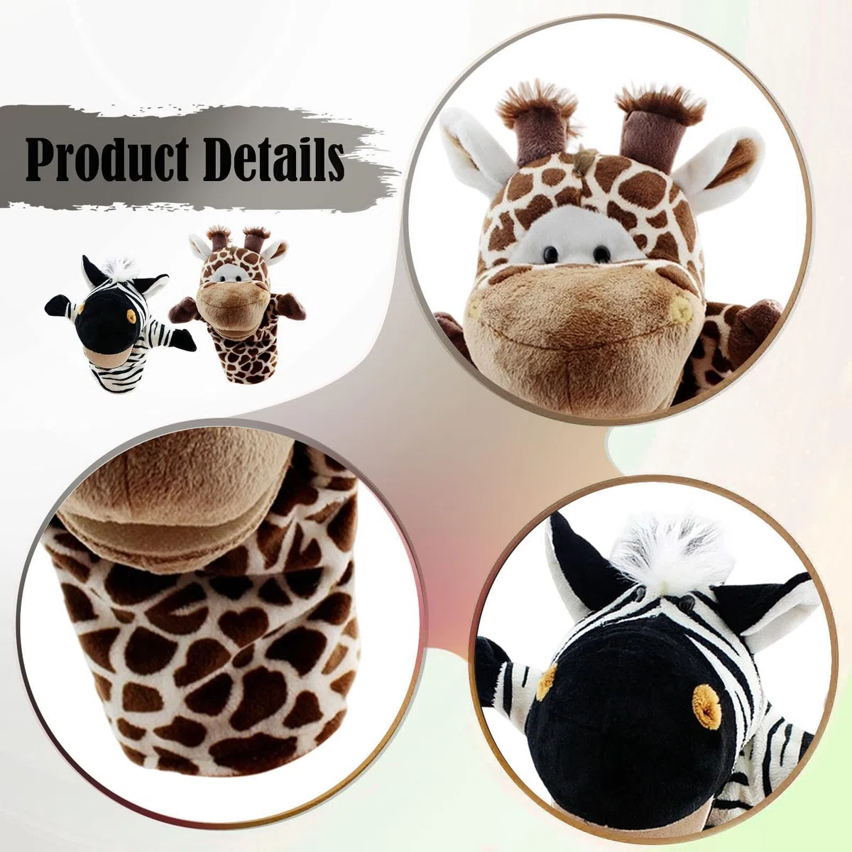 2 Pezzi di burattini da Mano a Forma di Animale, Simpatici Pupazzi di Peluche Morbidi per Giochi Divertenti, bomboniere, Strumento didattico per, Giraffa Zebra