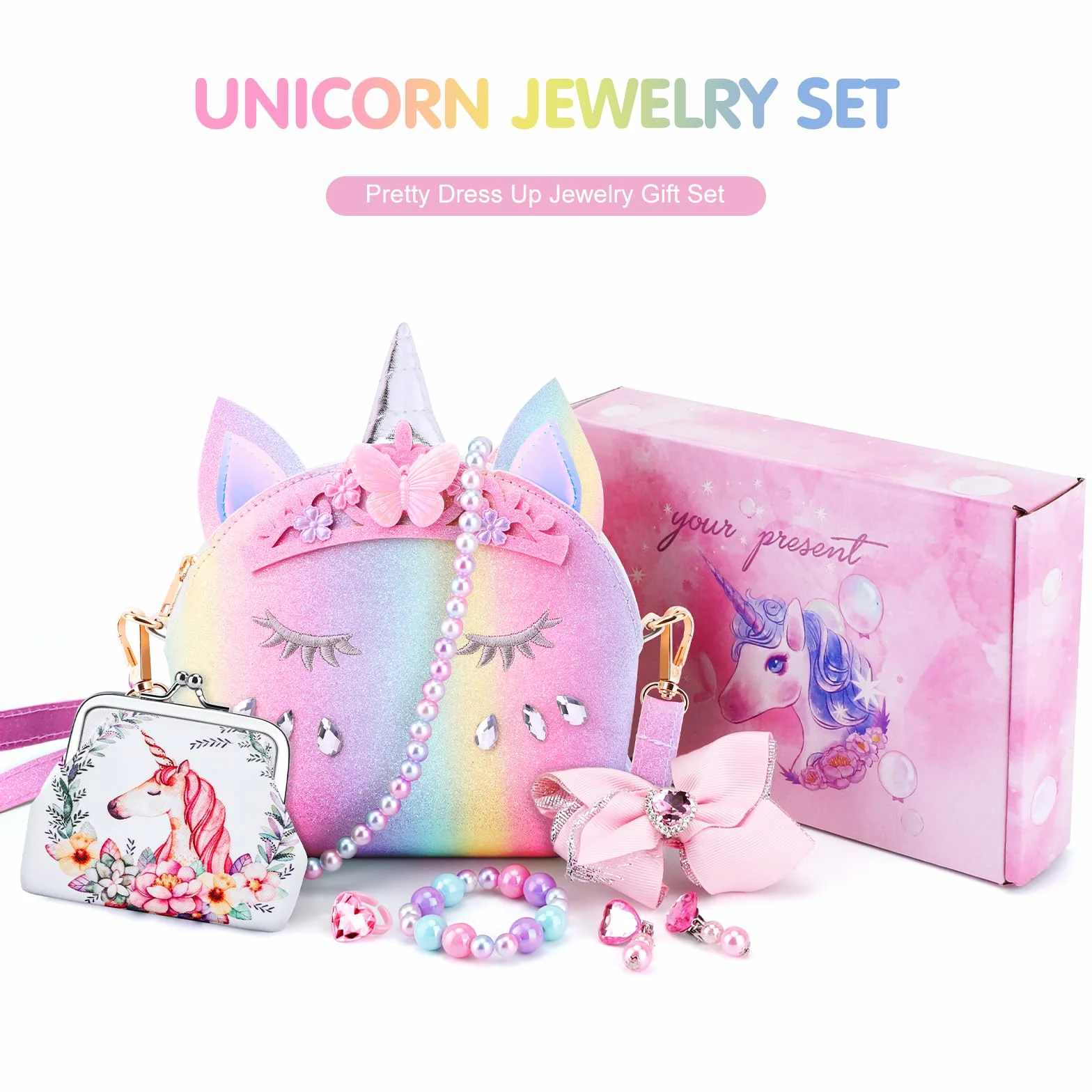 JYPS Unicorn Purse per Bambine, 7pcs Cute Kids Borsa Crossbody con Bambini Dress Up Jewelry Set Fingere Giocare Accessori, Regali di Compleanno Unicorno Regali Giocattolo per Ragazza
