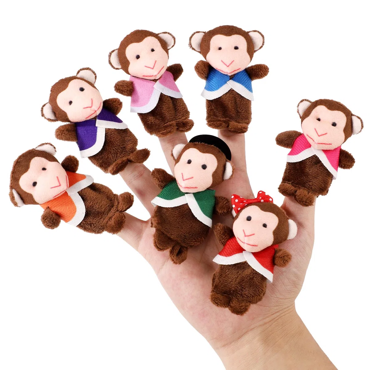7pz Marionette da Dito Scimmiette Colorate, Rosa Viola Arancione Peluche Premium Marionette da Dito Giocattolo Animale Giocattoli da Dito per Narrazione e Gioco di Ruolo Teatrale