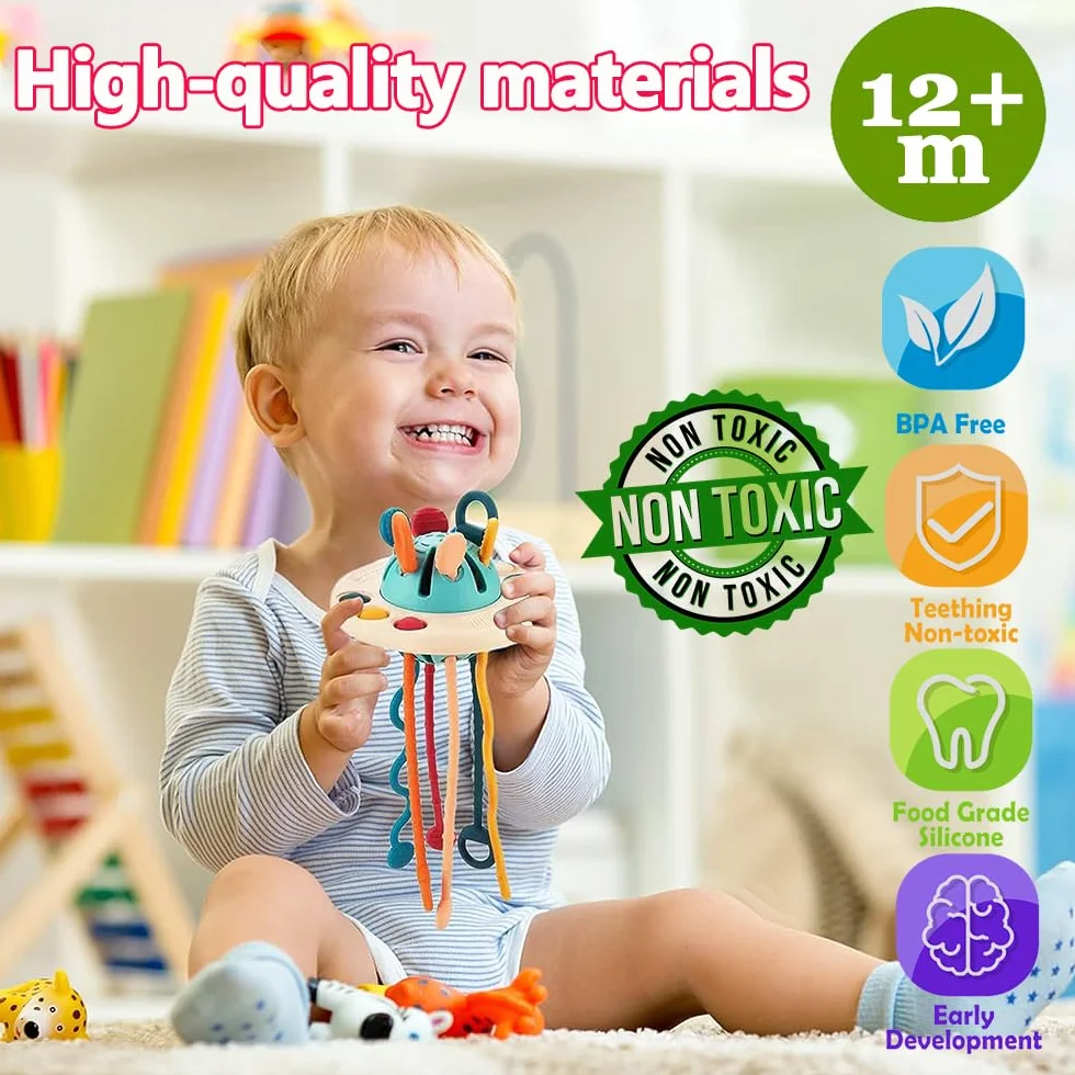 Giocattoli Montessori per Neonati, Juguetes Niños 1 año Giochi Bambini 1 Anno Giocattoli per attività Multisensoriali per Neonati, Giocattoli per Bambini con Corda in Silicone