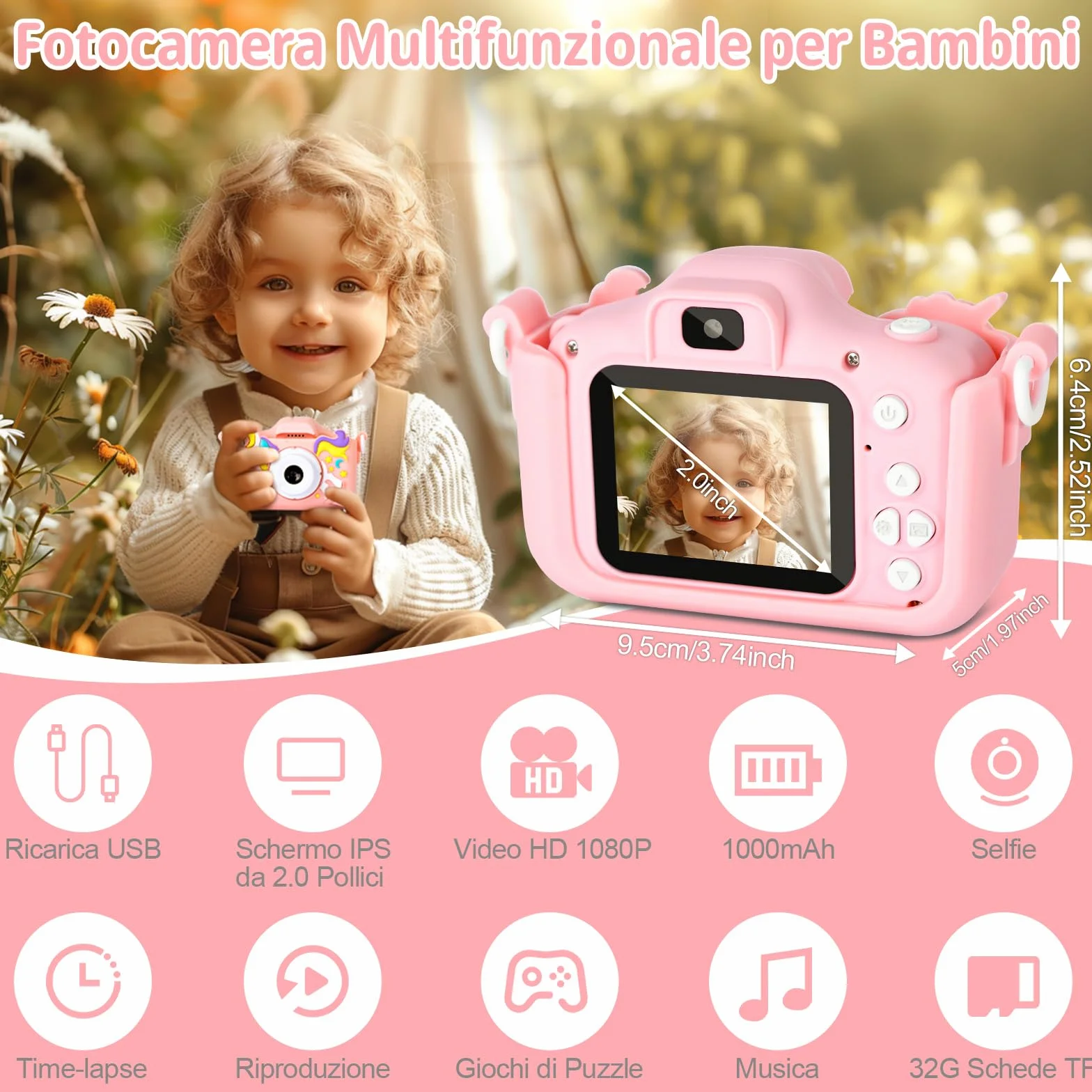 Macchina Fotografica Bambini, 2.0 Pollici Schermo Fotocamera Bambini, 1080P Ricaricabile Fotocamera Digitale con Scheda 32GB, Regali Giocattolo di Natale & Compleanno per Ragazze Ragazzi