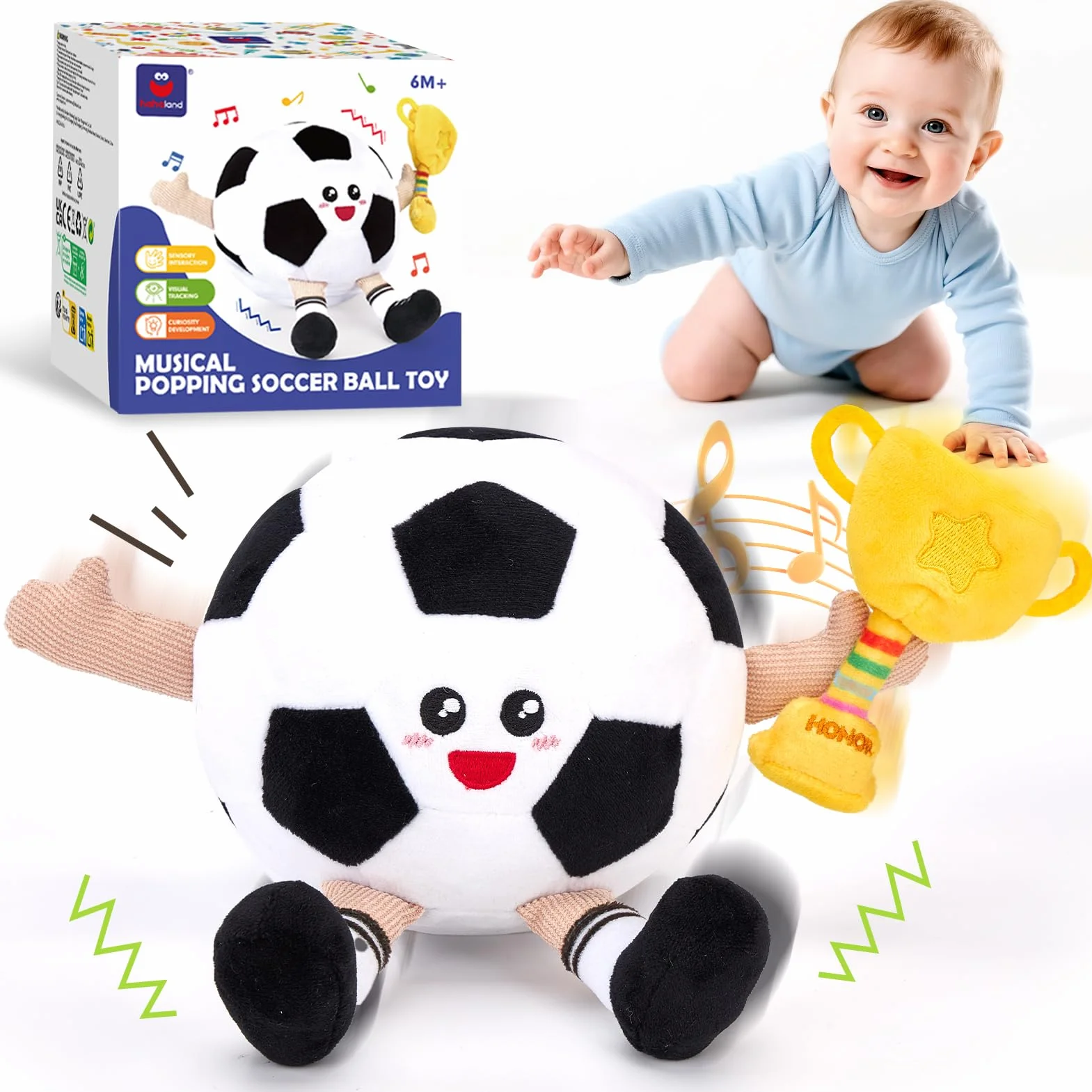 hahaland Giochi Neonato 3 6 9 Mesi, Peluche Calcio Giocattolo Interattivo con Musica e Registrazioni, Gattonare Giochi Regalo Bambini 1 Anno