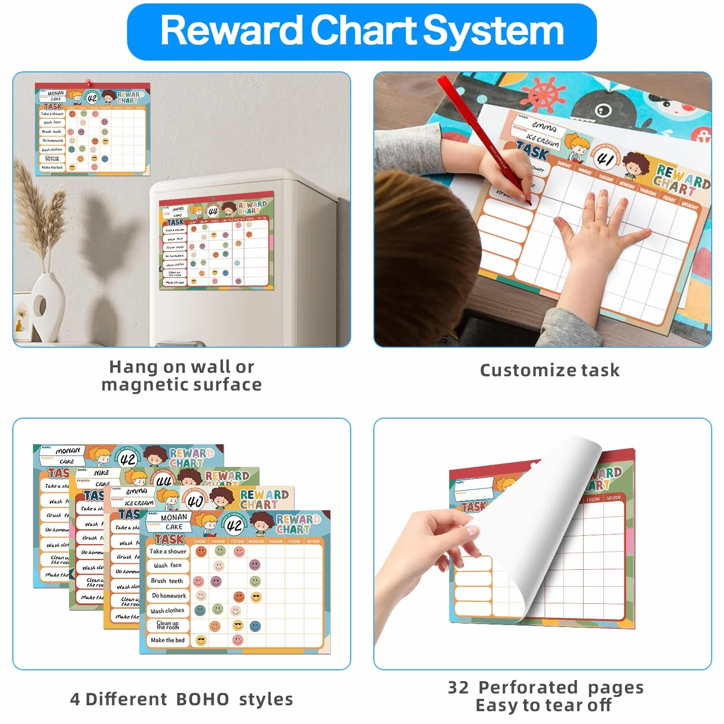 ANSTROUT Boho 32 diagrammi di lavoro sistema di ricompensa del comportamento, adesivo per bambini con 2328 adesivi, 31 x 24,9 cm tabella di ricompensa magnetica per sviluppare responsabilità e buone