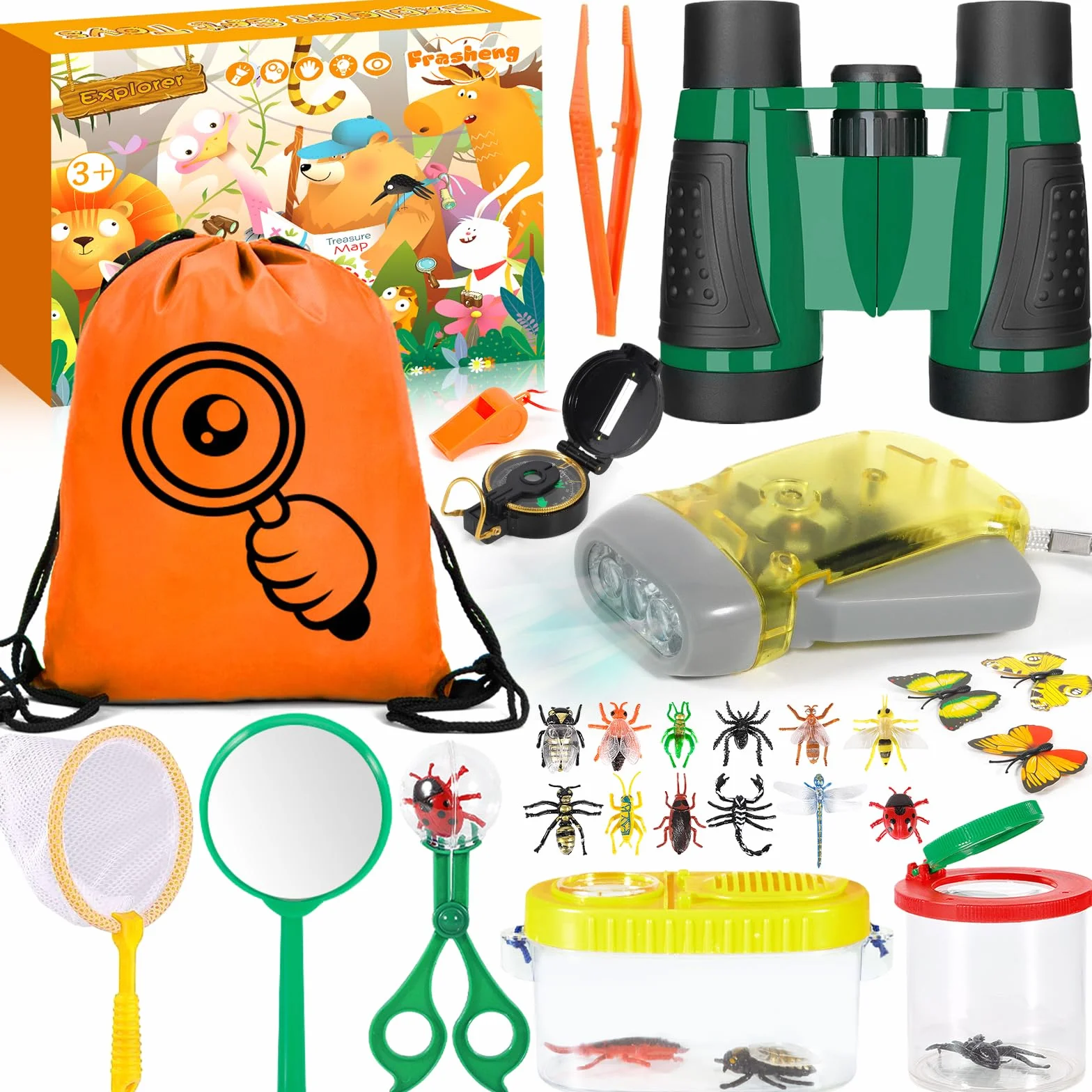 Frasheng Set di giocattoli da esploratore esterno, binocolo per bambini 28 pezzi Set da esploratore per bambini avventuriero,Giocattoli da regalo incl pinzette, Bussola, Fischio, Lente d'ingrandimento
