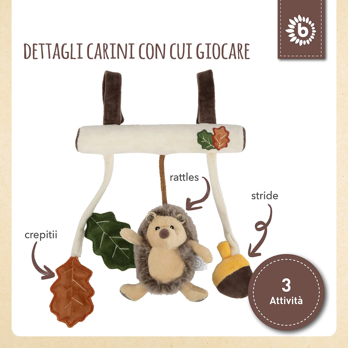 BIECO Catena per carrozzina a forma di riccio, ca. 30 x 21 cm, giocattolo maxi cosi, per lettino o box con ciondolo ad arco, gioco di attività, giocattolo mobile con anelli di presa
