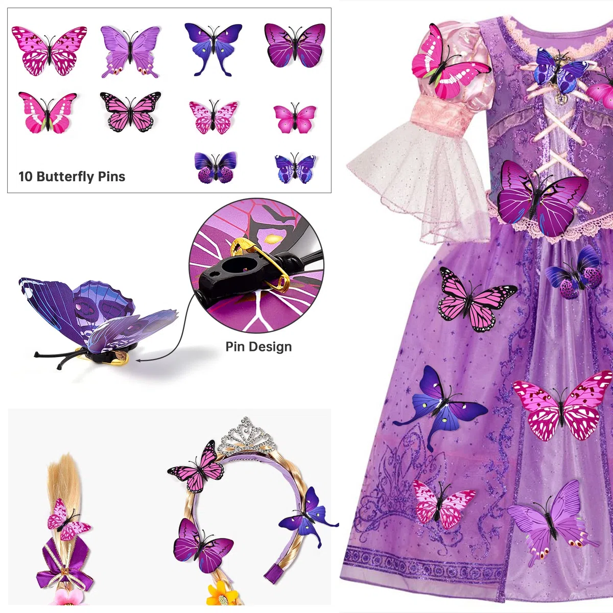 vamei Principessa Parrucca Bambina Parrucche Treccia con Diadema Farfalla Spilla Vestito Principessa Accessori per Bambini Ragazza Cosplay Carnevale Halloween Festa di Compleanno