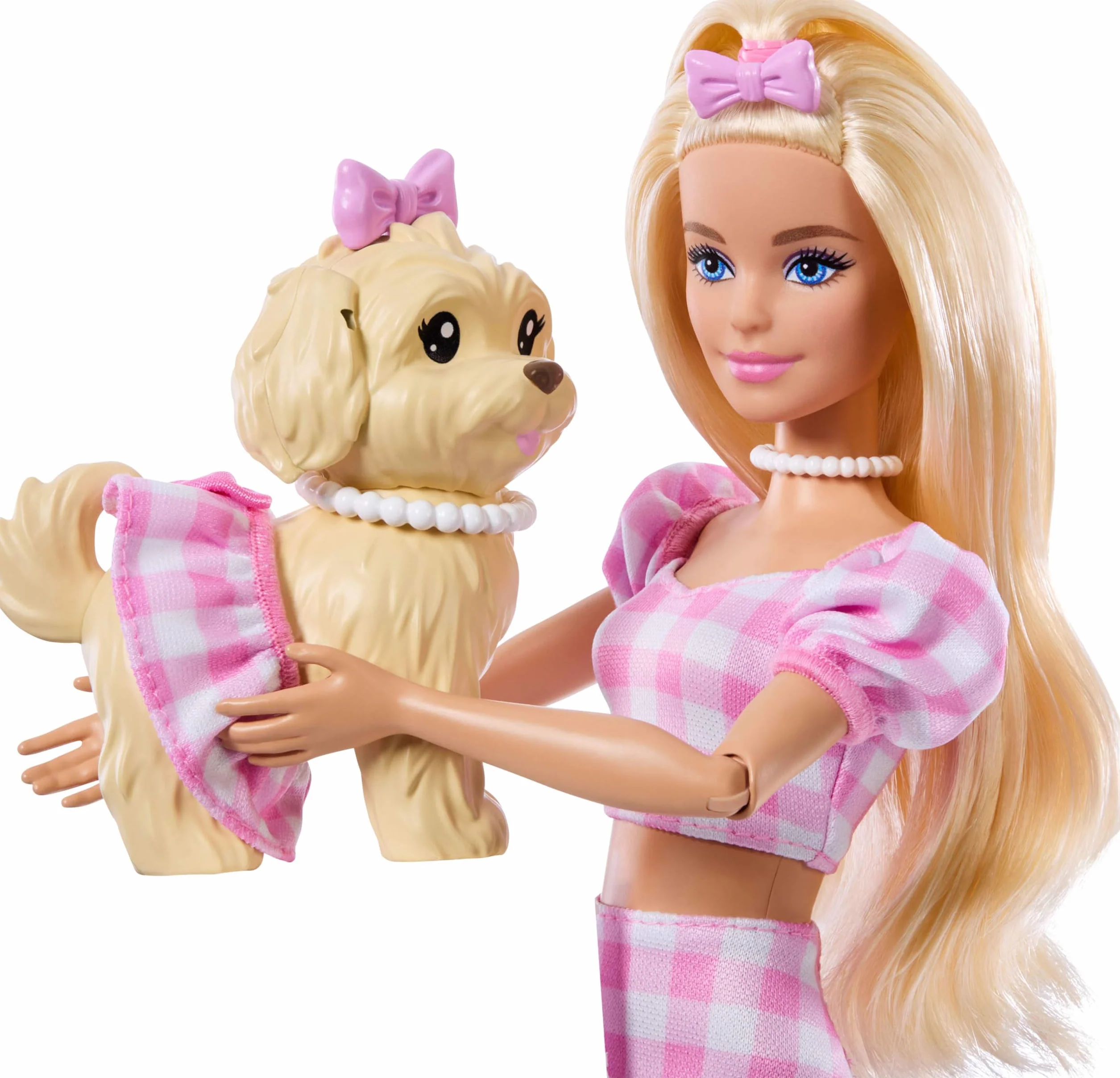 Barbie - Twinning Looks, bambola bionda e cagnolino in abiti rosa a quadretti abbinati, accessori per entrambi, occhiali da sole, collane e fiocchi, giocattolo per bambini, 3+ anni, JFP36