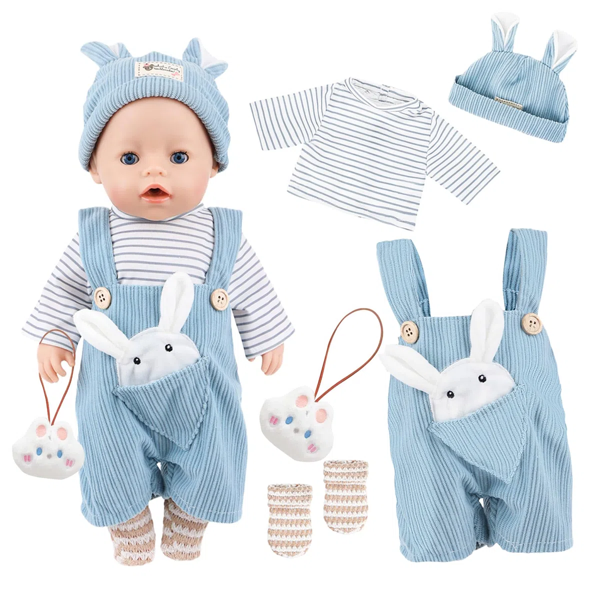 5 abiti per bambole da 14 a 18 pollici, 35 – 45 cm, graziosi vestiti per bambole, 1 tuta da coniglio blu + 1 top+1 cappello a orecchie di coniglio + 1 calzino+1 ciondolo a coniglietto per ragazze