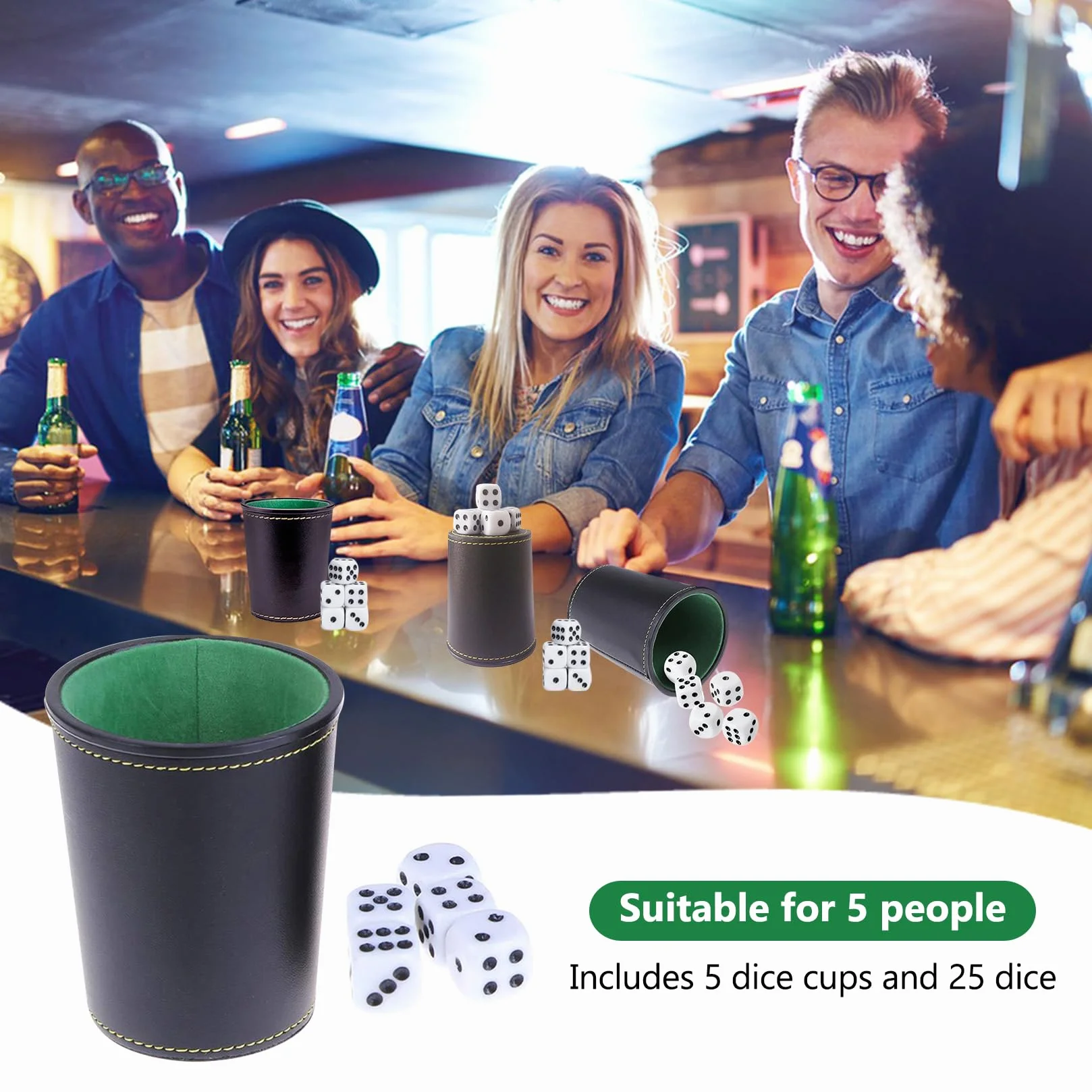 Set di 5 bicchieri cubi in pelle con 5 bicchieri cubi e 25 cubetti, in pelle, per giochi da viaggio per adulti