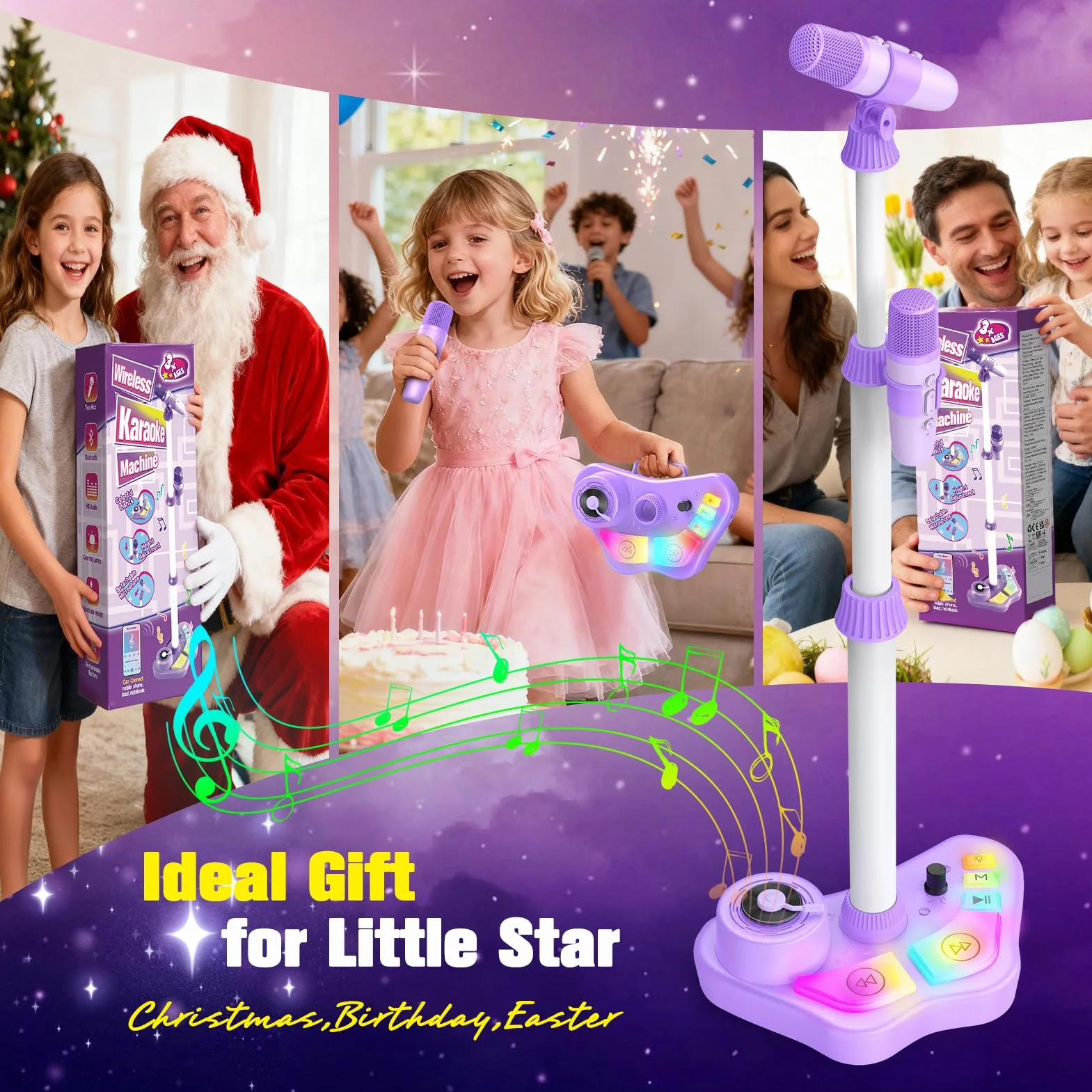 Microfono Karaoke per Bambini con Supporto, 2 Microfoni Wireless, Luci Colorate, Bluetooth, USB, AUX, TF Card, Altezza Regolabile 47-108 cm