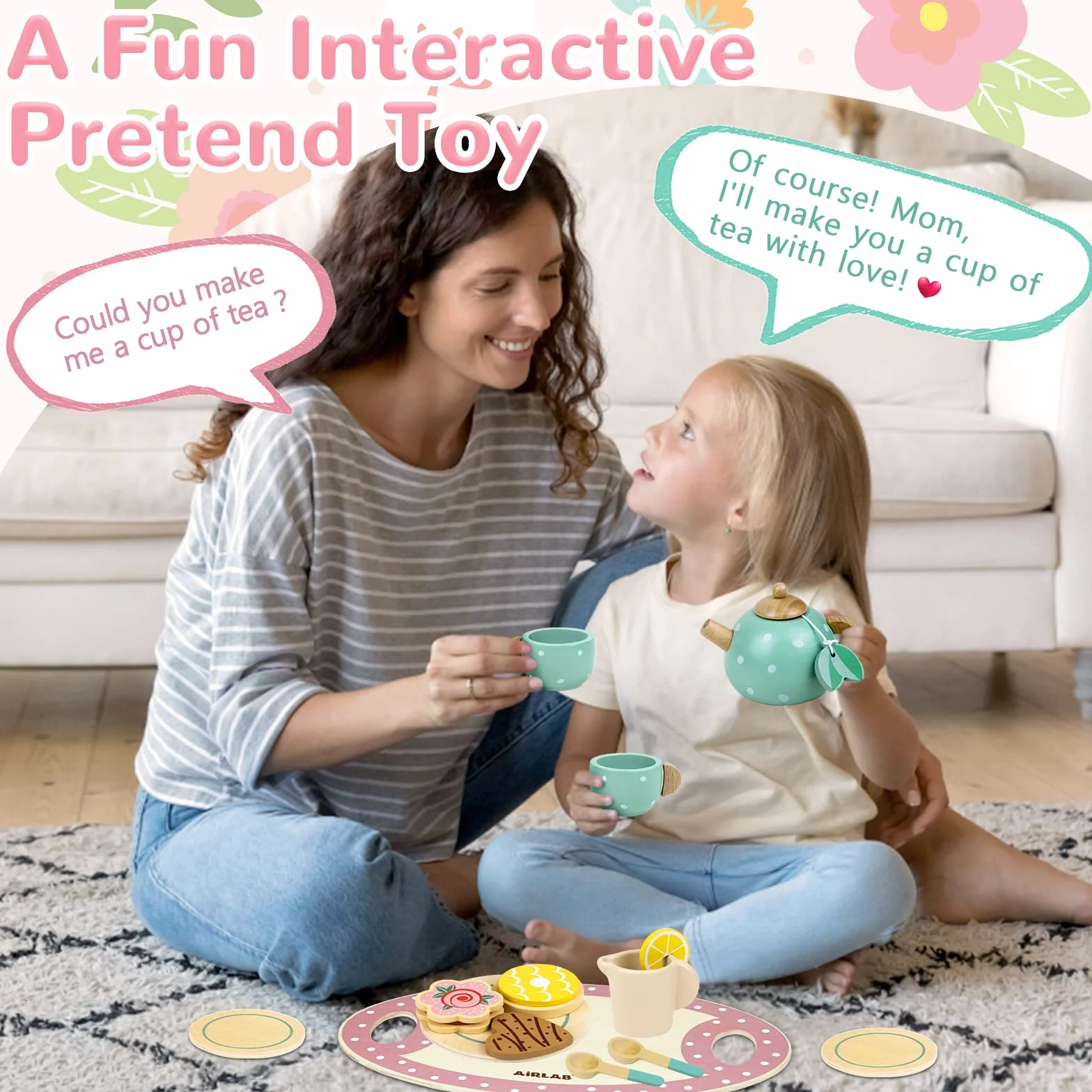 Airlab Set Tazzine Gioco per Servizio da Tè, Accessori Cucina Giocattolo Legno per Bambina Bambini, Set Cibo Finto Giocattolo per Cucina Bambini, Regalo Bambino Compleanno Pasqua Halloween Natale