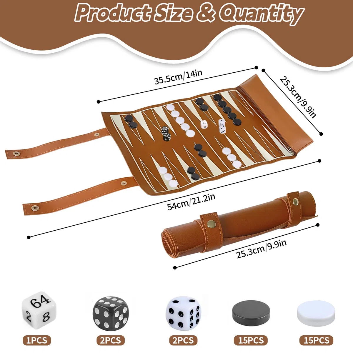 Backgammon - Set da viaggio arrotolabile – Backgammon viaggio classico con accessori, gioco da tavolo portatile per famiglia e viaggi, dimensioni del campo di gioco: 35,5 x 25,2 cm (marrone)