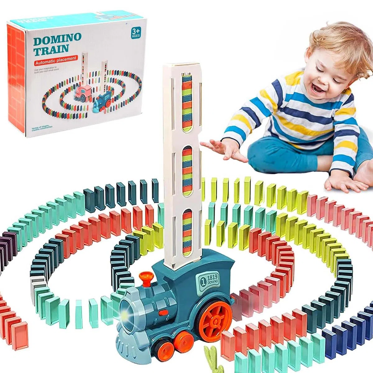 Pipihome Treno del Domino, 120 Blocchi Domino, Trenino Elettrico Automatico, Giocattolo Educativo per Ragazzi e Ragazze dai 3 anni in su