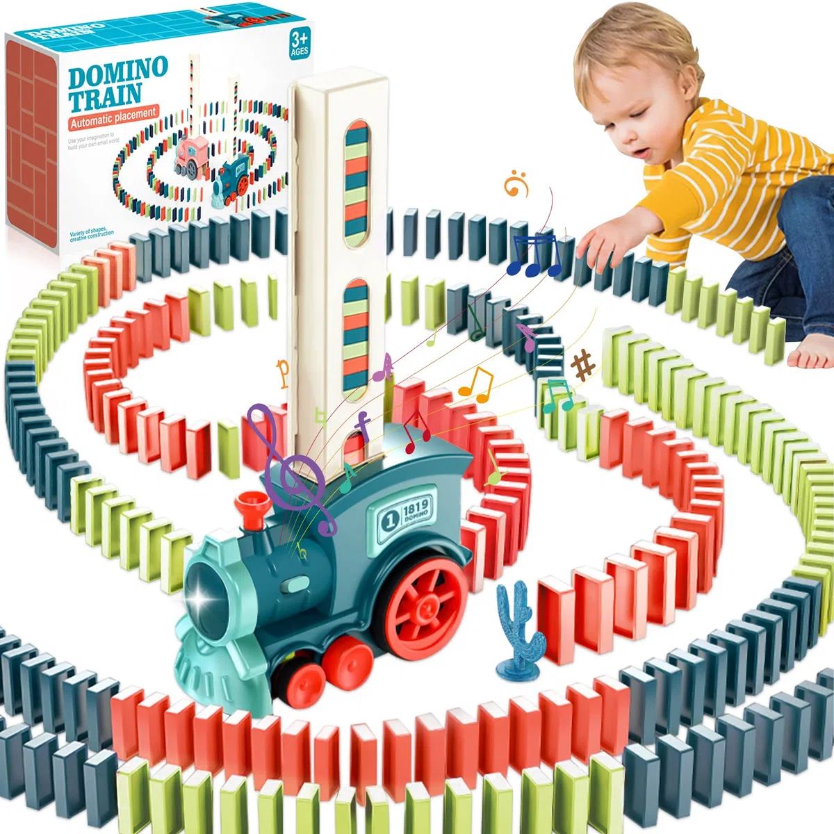 Set Treno Domino Automatico con 160 Blocchi. Trenino Elettrico con Luci e Suoni, Divertente e Colorato per Giocattoli di 3 4 5 Anni (blu)