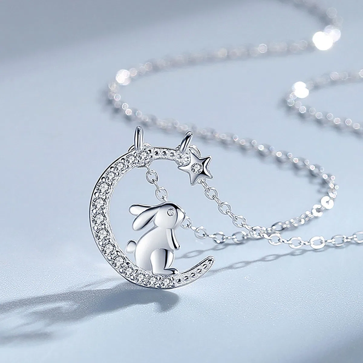 Collana Luna Stella Coniglio Argento 925 per Donna Bambina Ragazza Ciondolo Luna Stelle Coniglio Zirconi Collana da Donna Argento Cristalli Brillantini Animale Catena Gioielli