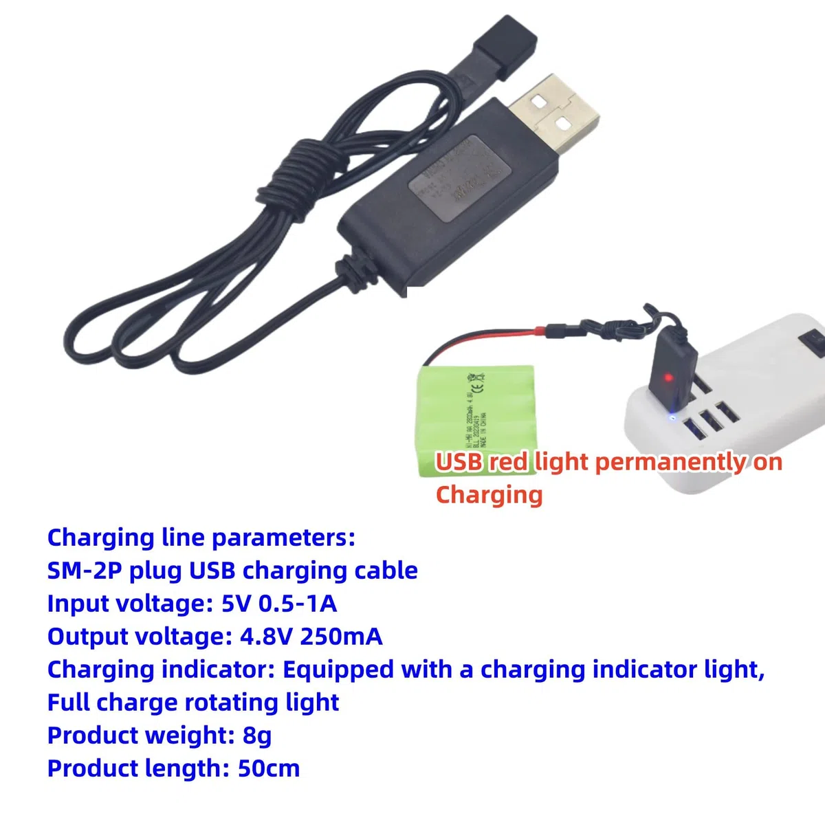 3pcs 4.8V JST-2P Plug Cavo di ricarica USB per giocattoli elettrici telecomandati Escavatori auto camion veicoli da costruzione RC auto Caricabatteria