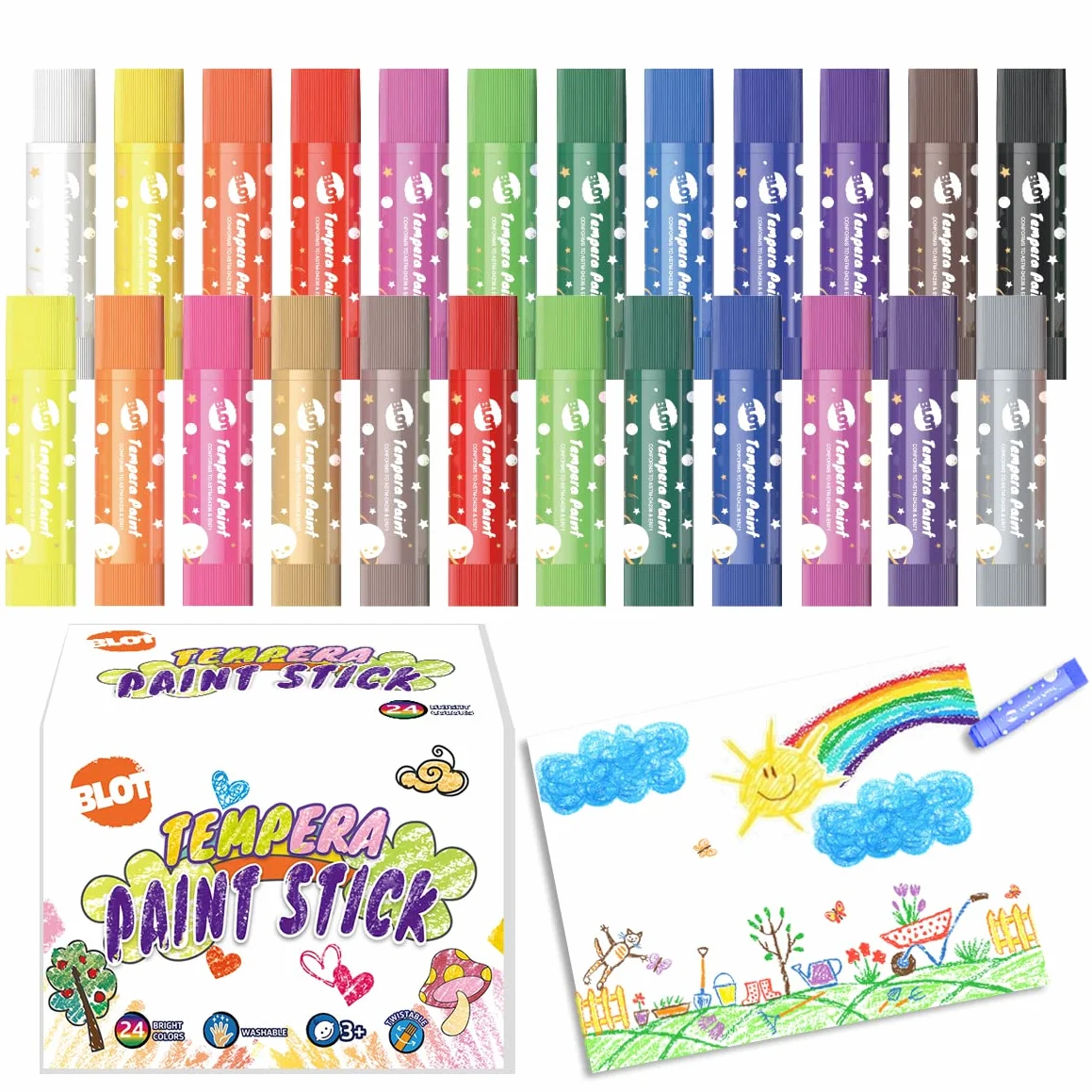 BLOT Tempere Solide Stick 24 Colori Set Tempere Colori Non Tossici Lavabili per Carta Vetro Cartone Vasi Bambini