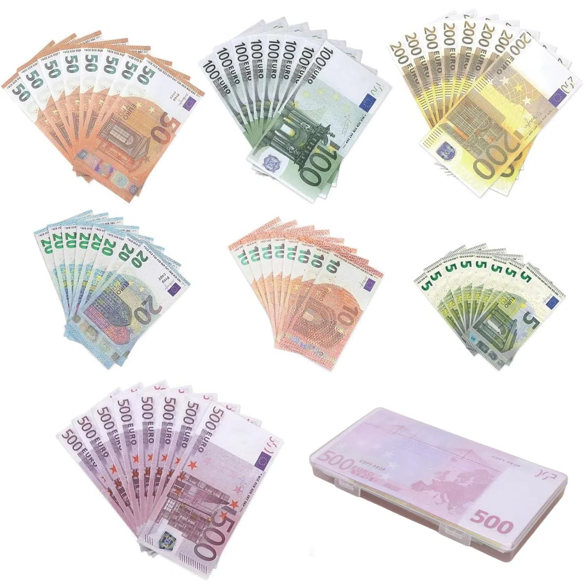 210 Banconote Giocattolo, Inclusi 7 Tagli da 5/10/20/50/100/200/500, 30 Pezzi per Ogni Taglio, Banconote Giocattolo False in Euro