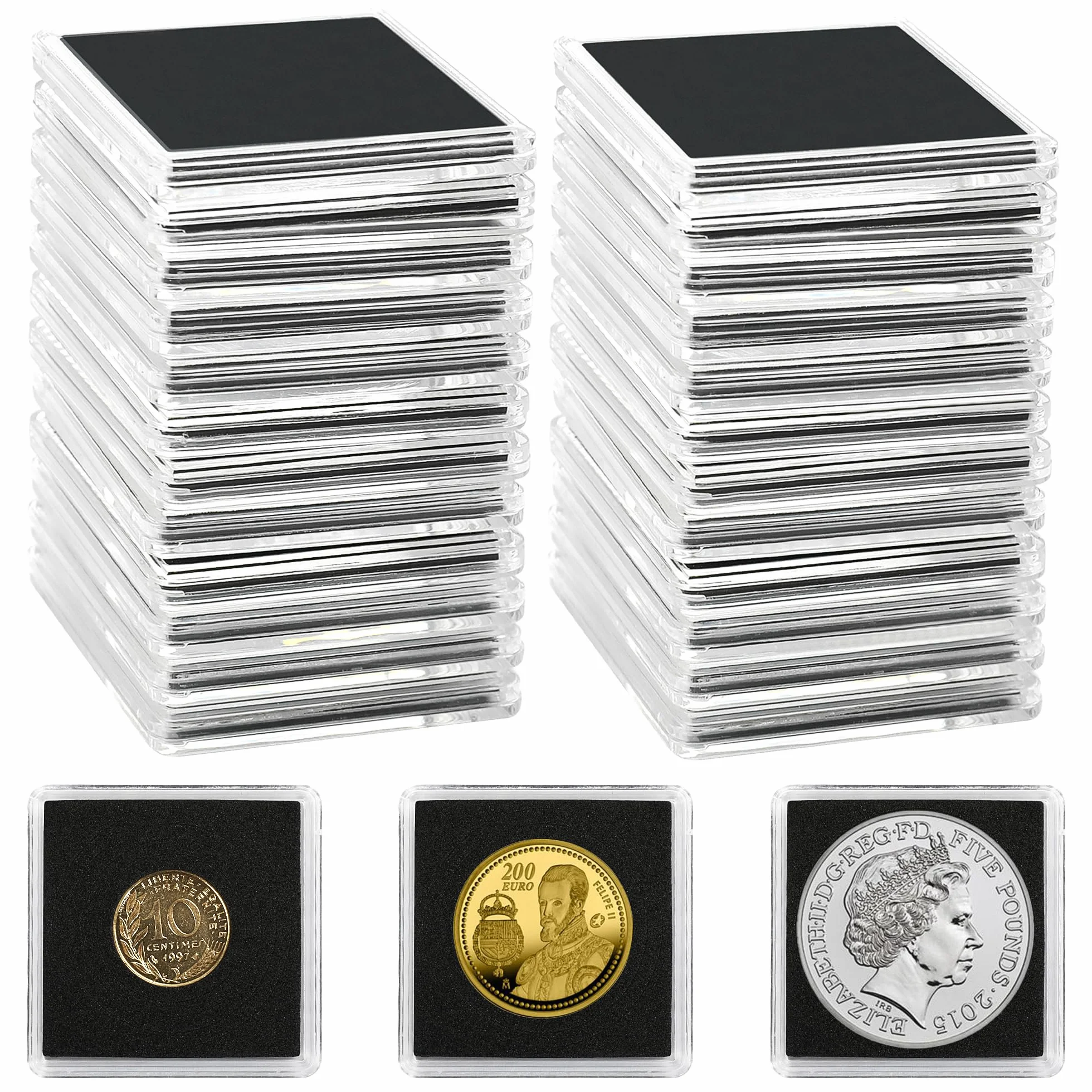 Uncle Paul 25 Capsule per Monete, Portamonete con Guarnizioni Nere di 5 Dimensioni 20/25/30/35/40mm, Portamonete Trasparenti per Forniture per la Raccolta di Monete Dollaro Argento Sterline Centesimi