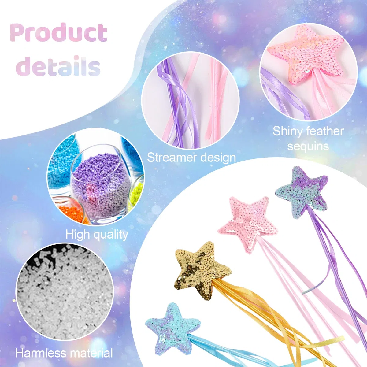 4 bacchette magiche da principessa a forma di stella, bastoncini magici da principessa, con stella a cinque punte lucida e scalata, piena di stile fiaba, adatti per feste di Natale e cosplay