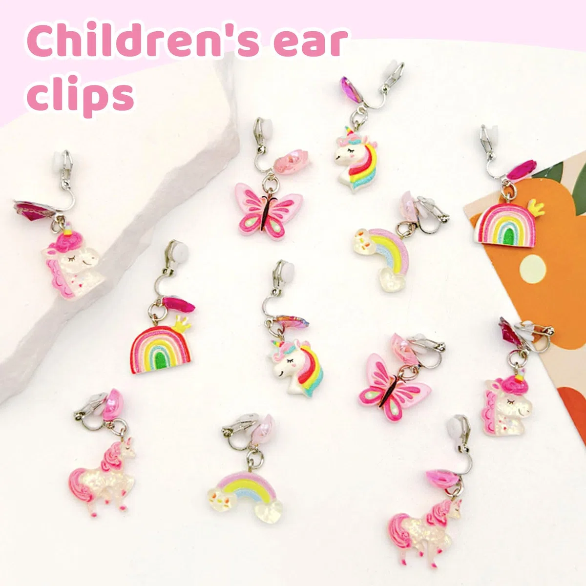 12 Paia di Orecchini a Clip per Ragazze, Set di Orecchini Senza Piercing con Cuscinetti per Orecchie, Dolce Design di Farfalle, Coniglietti e arcobaleni, gioiell