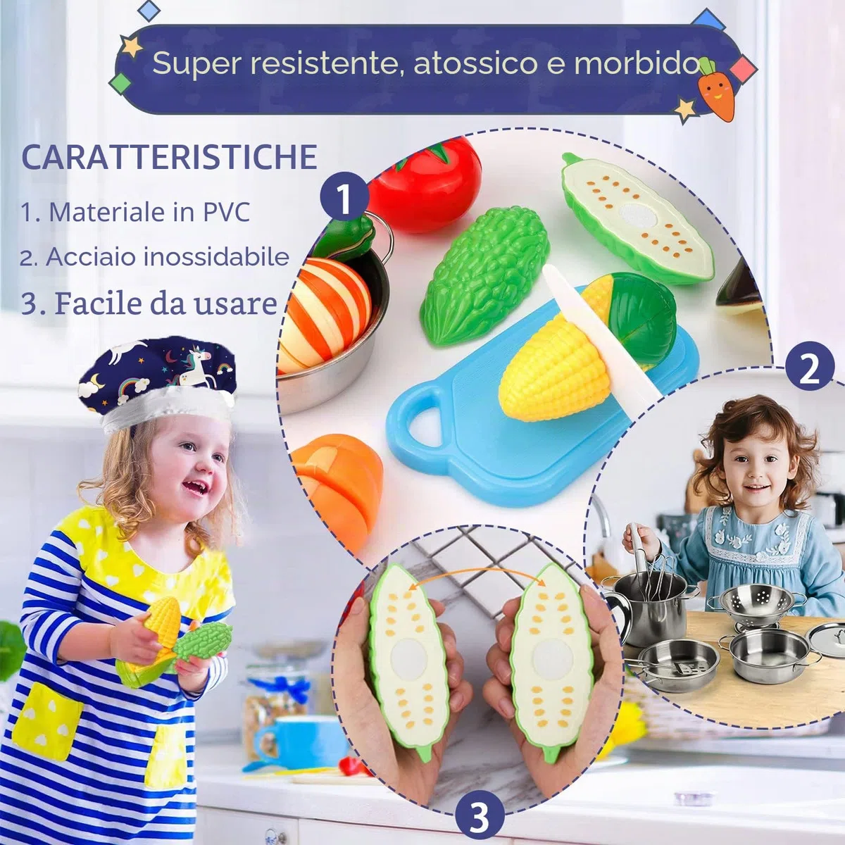 30 Pezzi Giocattoli da Cucina per Bambini, Set di Pentole e Padelle in Acciaio Inossidabile, Utensili da Cucina, Grembiule e Cappello da Cuoco