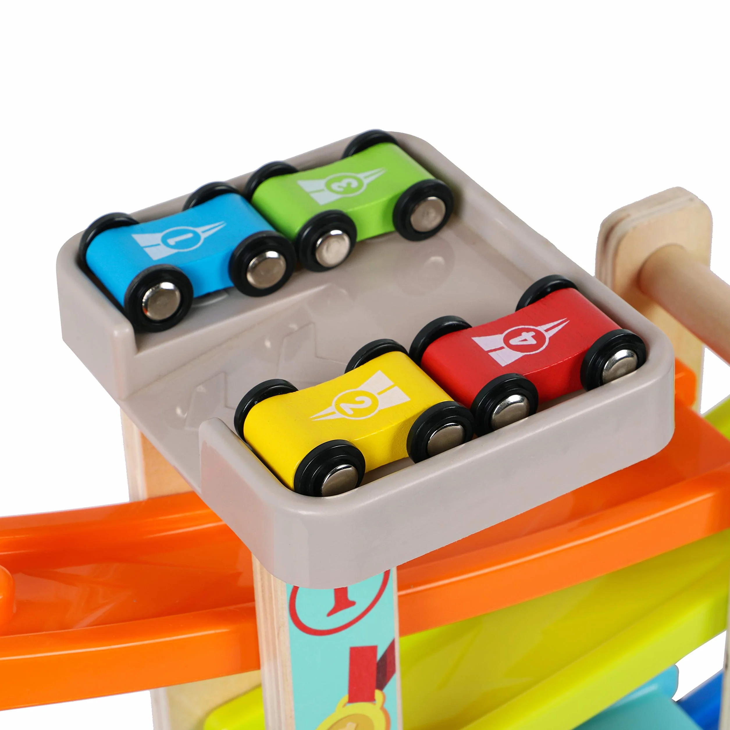 TOWO Pista per Auto in Legno -Rampa Auto Click-Clack con 4 Macchinine da Corsa in Legno per Bimbi Parcheggio sul Tetto e Piste a Zig-Zag - Giocattoli di Legno per Bambini di 1 2 3 4 Anni