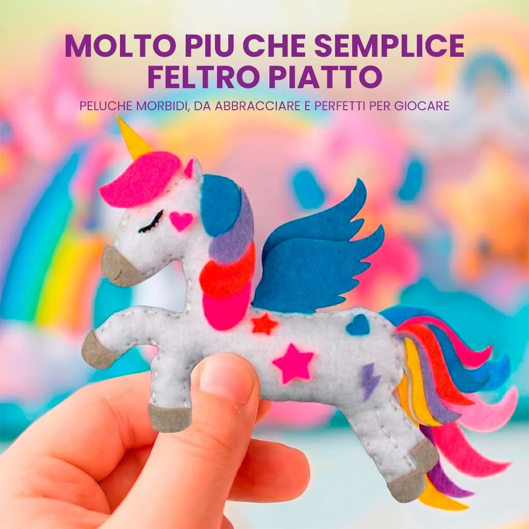 DeFieltro Fantasia – Kit Cucito Bambina con Unicorno e Fata (5 Figure) – Set Cucito Bambini Creativo – Imparare il Cucito per Bambini