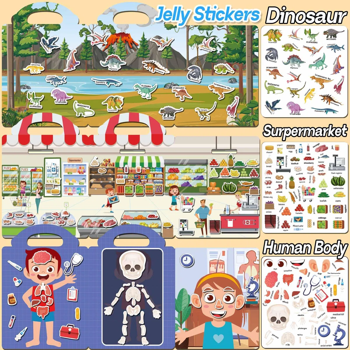 6 Libri Adesivi Riutilizzabili Bambini 2 3 4 Anni, Libro Adesivi Attacca e Stacca con Animali, Dinosauri, Corpo Umano, Supermercato, Veicoli, Mare – Sticker Book Educativo per Viaggio, Regalo Bimbo