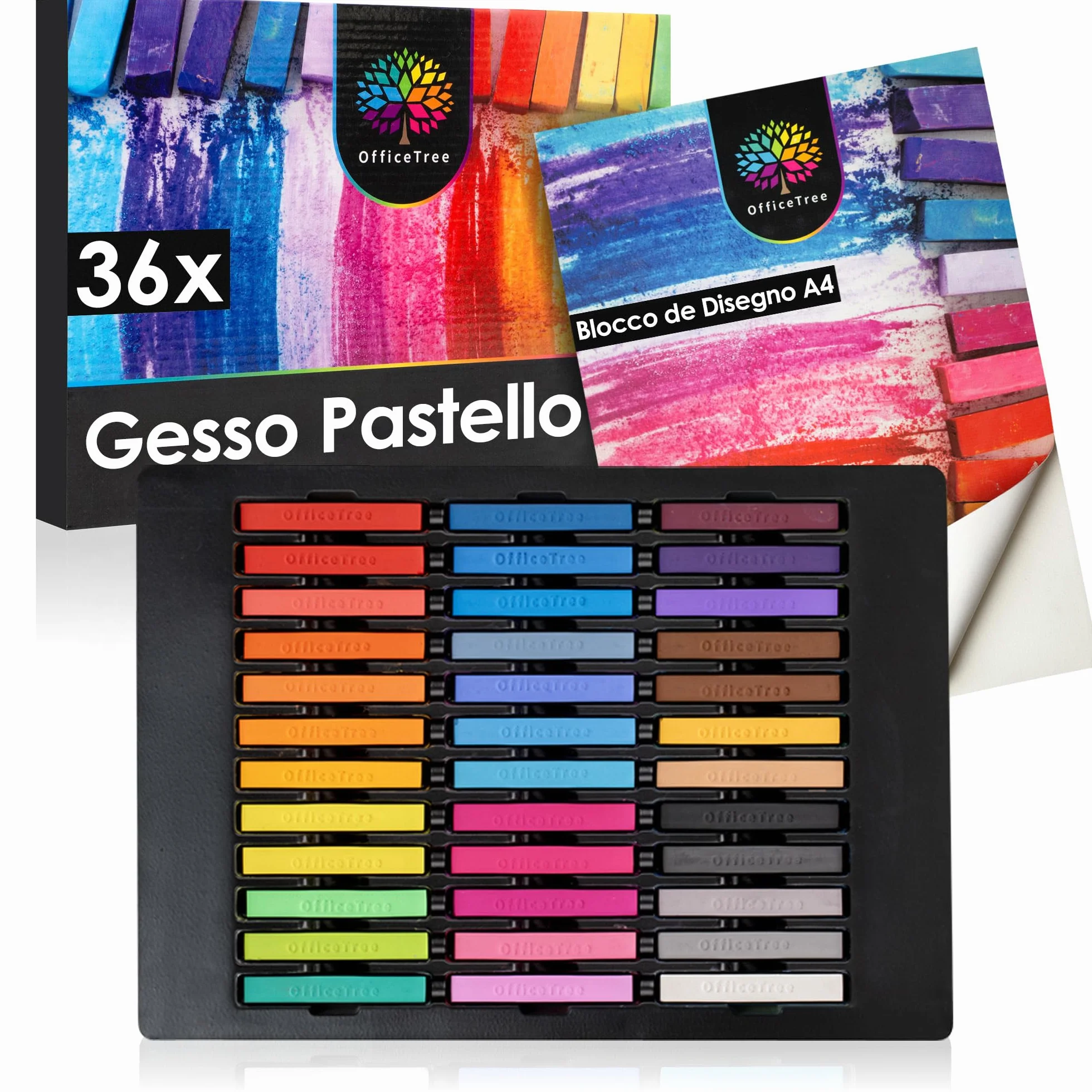 OfficeTree 36 pastelli a gesso per artisti, pastelli morbidi con blocco per schizzi, colori vivaci, set di pastelli